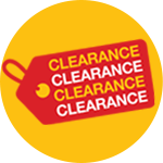 Red circle icon with the word "CLEARANCE" repeated three times in yellow text.