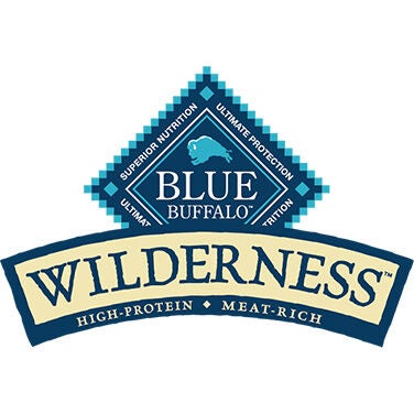 Blue Buffalo Wilderness logo with a blue diamond shape and the words "High-Protein, Meat-Rich."