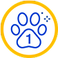 Blue paw print with the number 1 in the center and sparkles around, symbolizing one reward point, enclosed in a yellow circle.