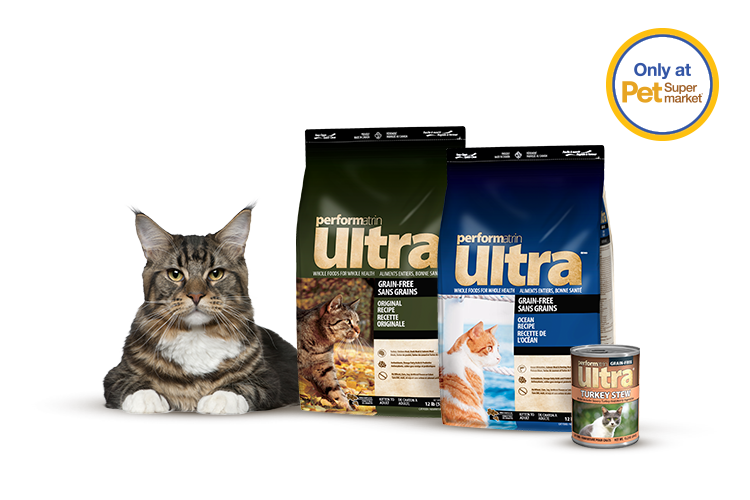 Performatrin Ultra cat food products displayed with a cat and the text "Only at Pet Supermarket."