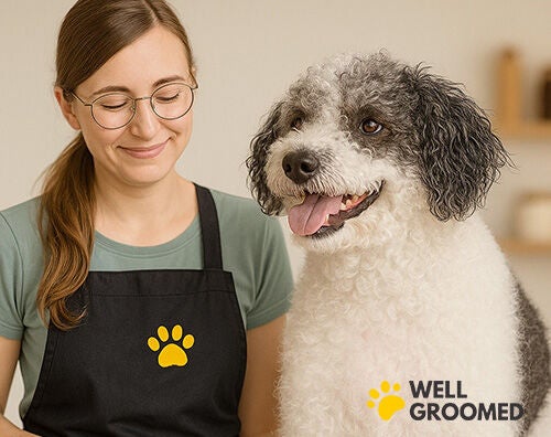 A white and black dog with a fluffy coat sitting next to a groomer in a black apron with the Well Groomed logo
