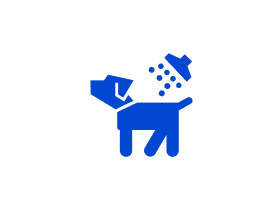 Blue icon of a dog being washed.