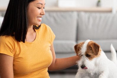 A woman smiling at a small dog on a couch.