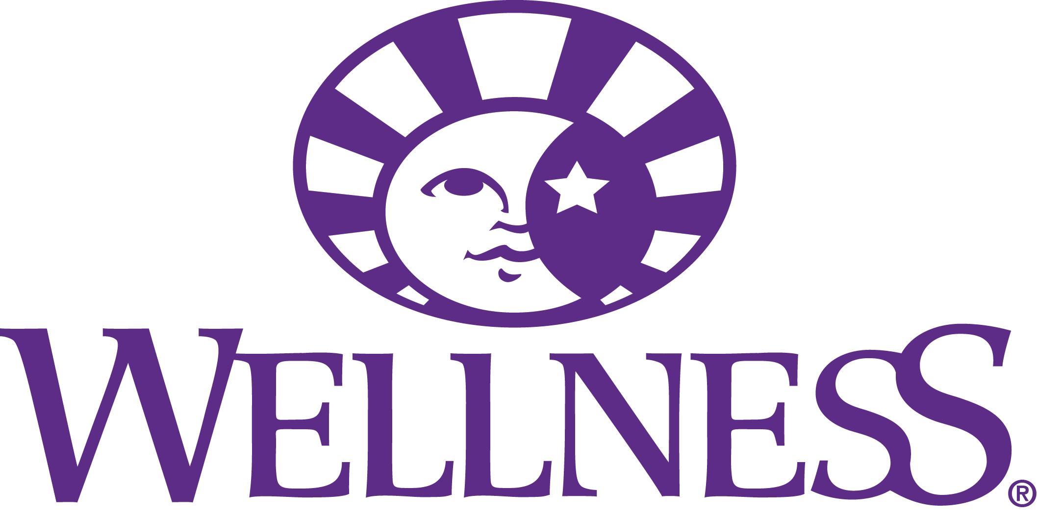 The Wellness logo in purple, depicting a sun and moon design with a face, representing holistic pet food.