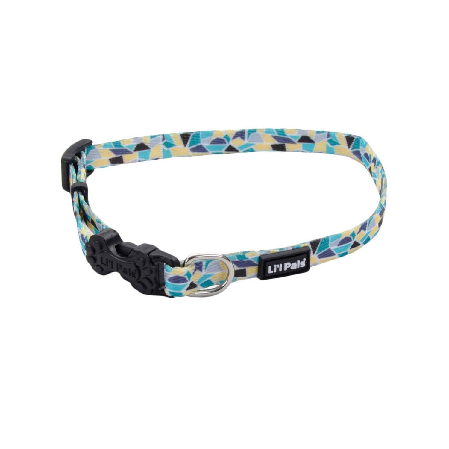 Coastal Pet Products Lil Pals Adjustable Patterned Dog Collar, Teal Yellow Grey Strained Glass, 3/8"X8"-12"