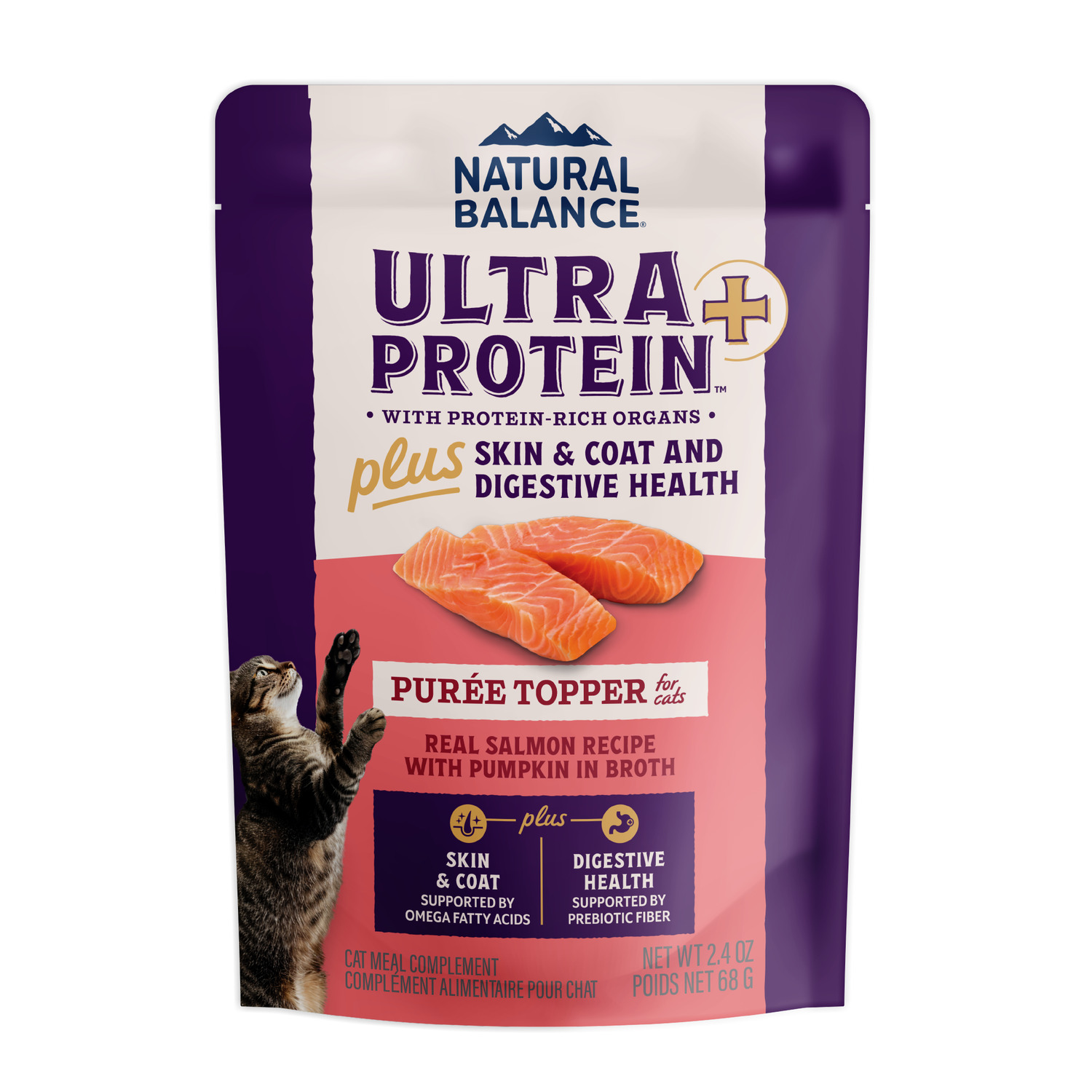 Natural Balance Ultra Protein Plus Wet Cat Food, Skin & Coat And Digestive Health Real Salmon With Pumpkin Recipe Puree Topper, 2.4-Oz-Pack Of 24