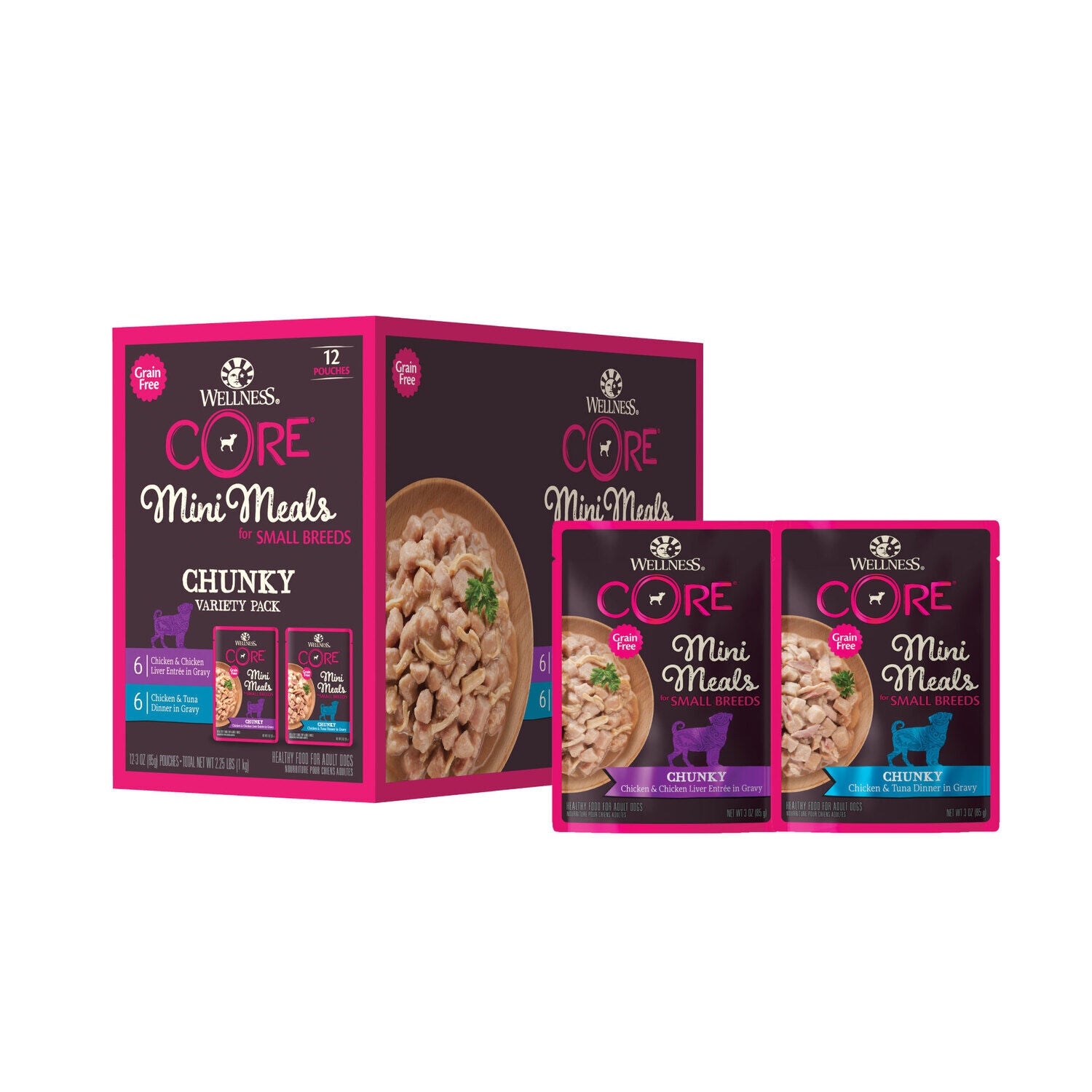 Wellness Core Grain-Free Small Breed Mini Meals Chunky Wet Dog Food, Variety Pack, 3-Oz Pack Of 12