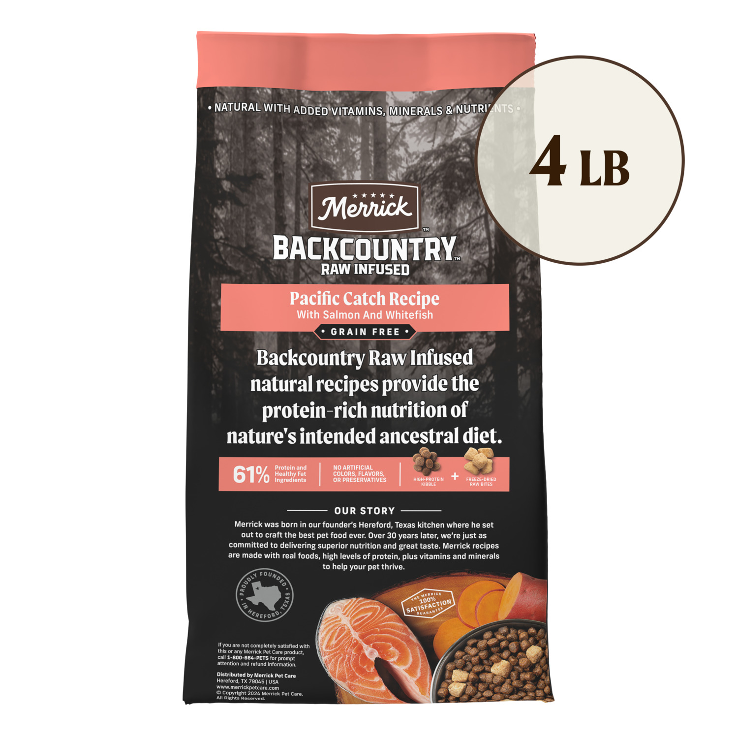 Merrick Backcountry Grain Free Dry Adult Dog Food, Kibble With Freeze Dried Raw Pieces, Pacific Catch With Salmon, 4.0-Lb Bag