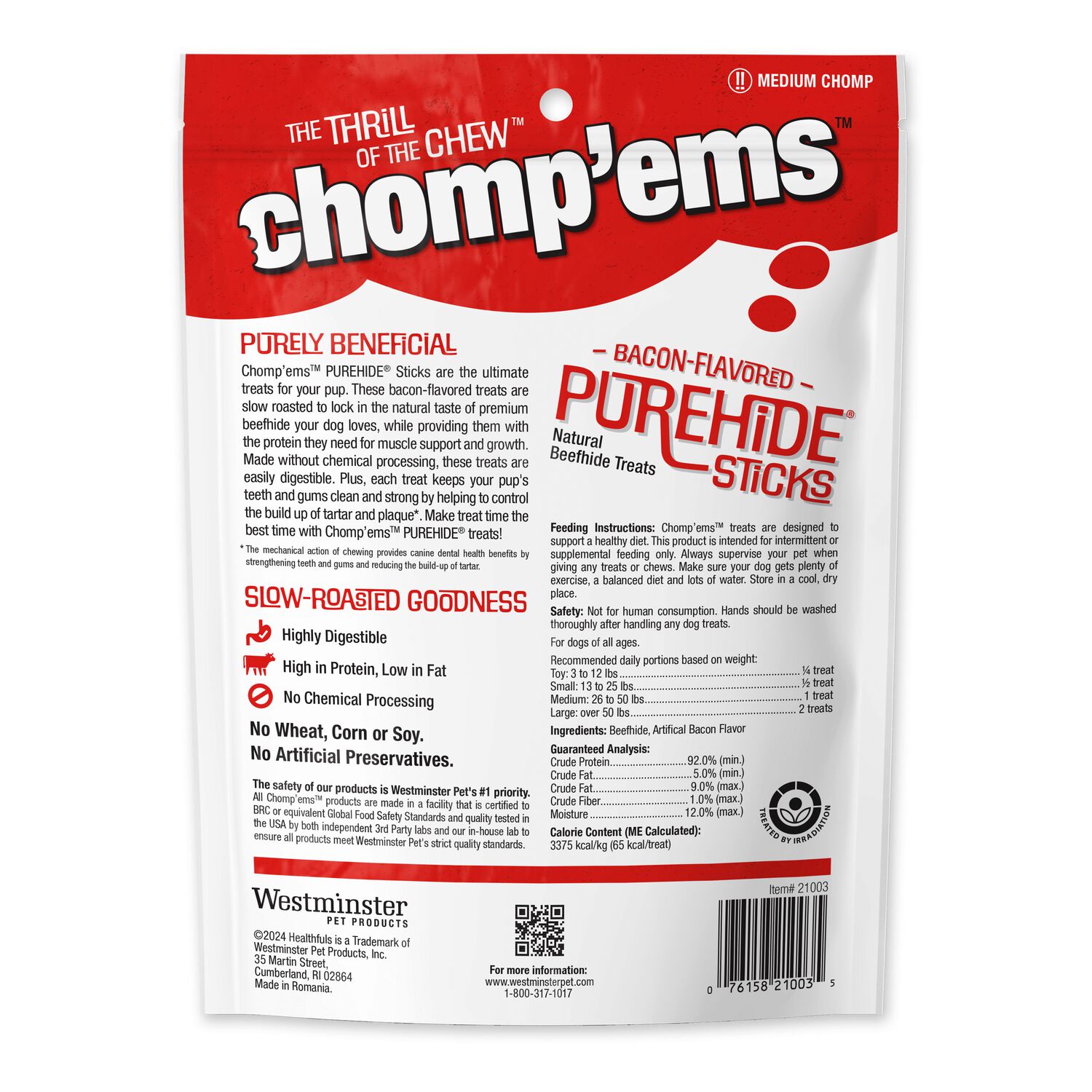 Chomp'ems Purehide Bacon Flavored Rawhide Sticks Dog Treats, 8.5-Oz
