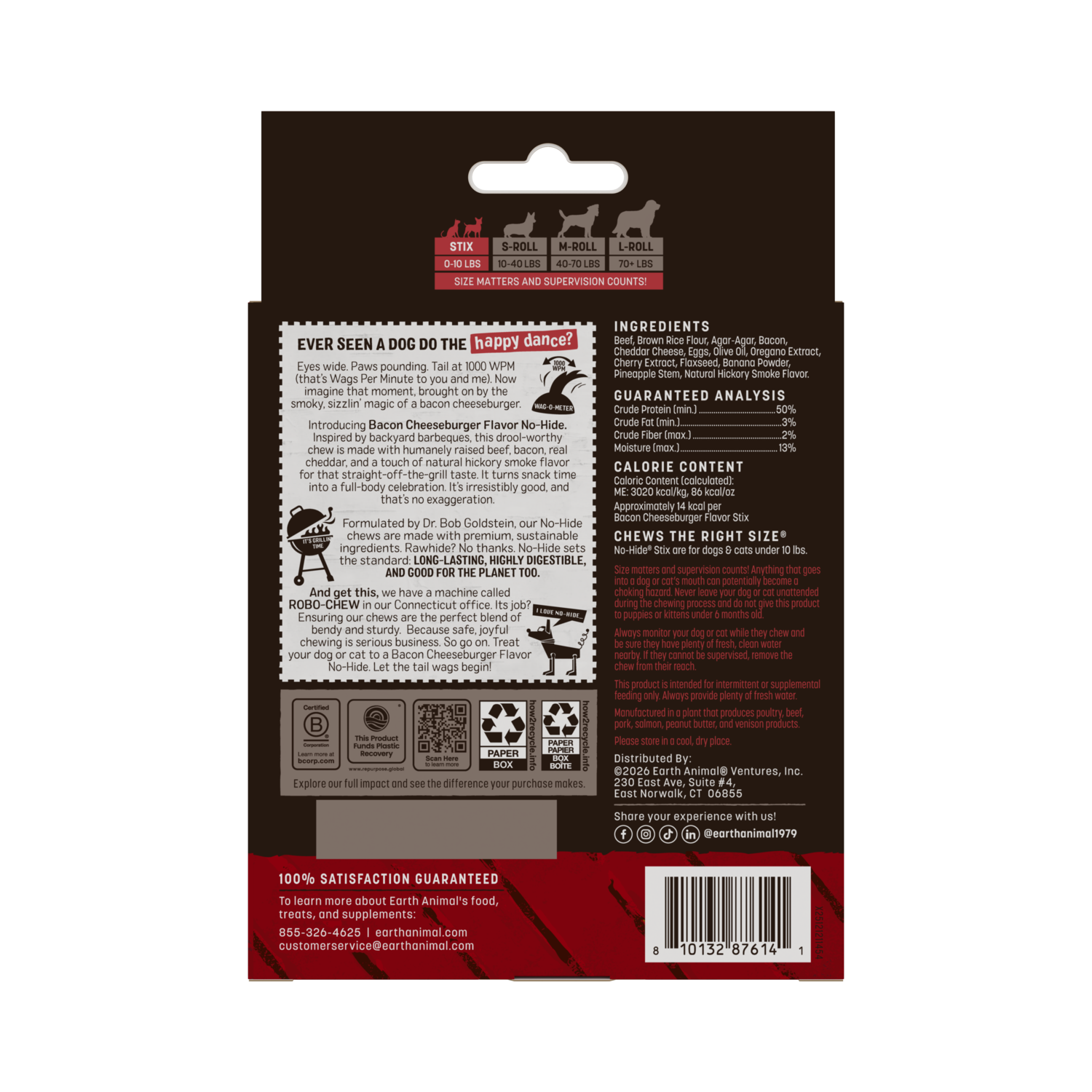 Earth Animal No-Hide Rawhide Alternative Chew Stix Cat & Dog Treats, From The Grill Bacon Cheeseburger Flavor, 20 Pack