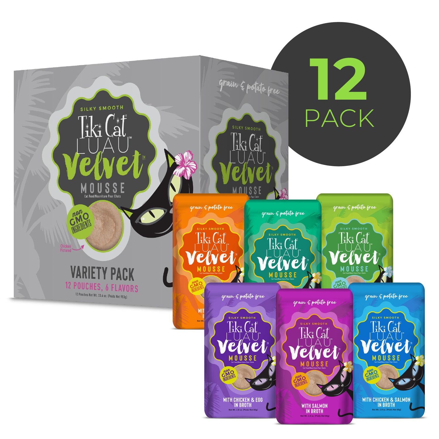 Tiki Cat Luau Velvet Mousse Wet Cat Food, Variety Pack, 2.8-Oz Pouch 12-Count