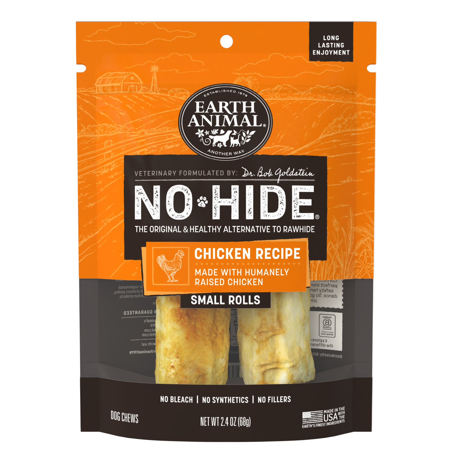 Earth Animal No-Hide Rawhide Alternative Dog Treat Chews, Cage-Free Chicken, 2 Pack, 4"