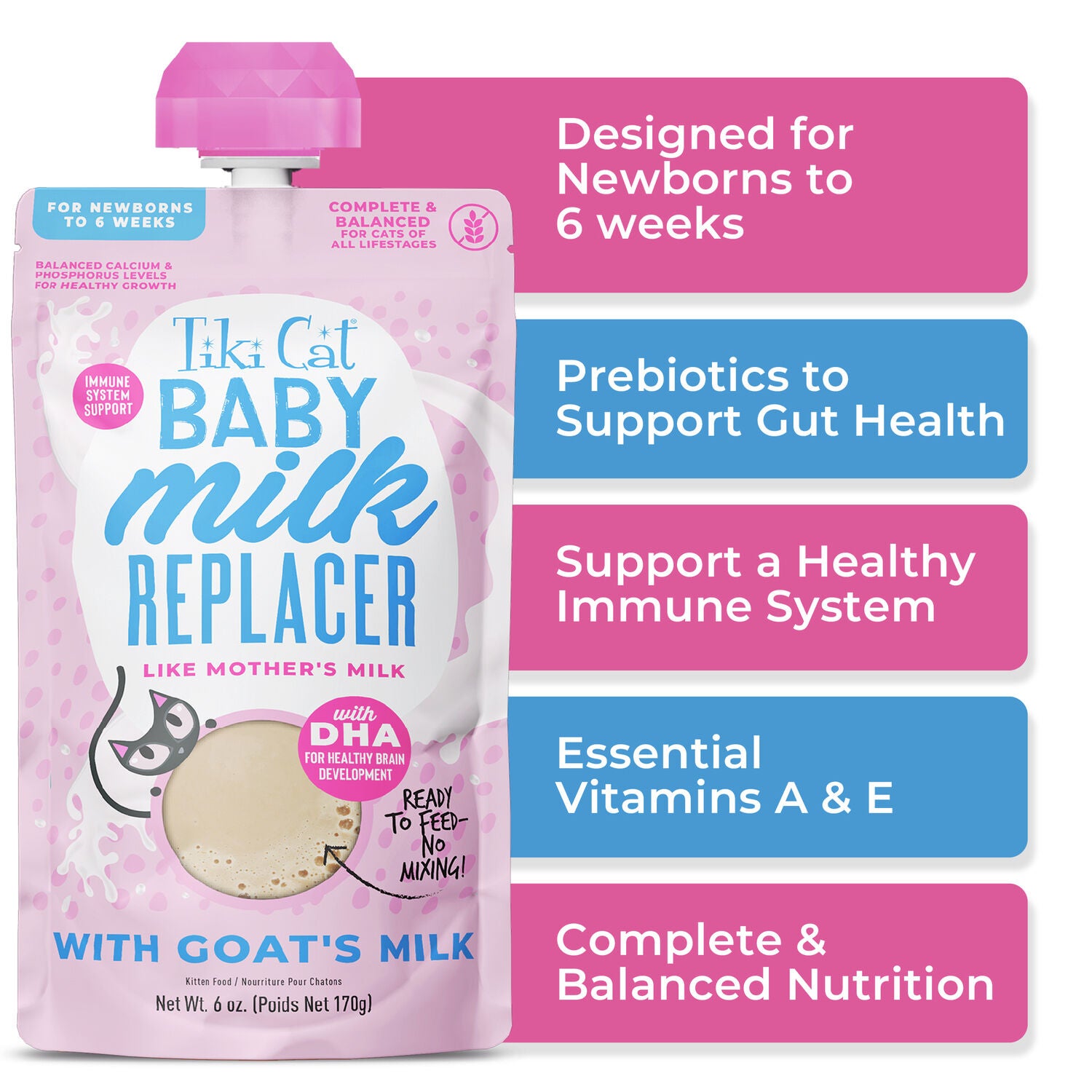 Tiki Cat Baby Milk Replacer Kitten Food, Goat Milk, 6-Oz Spout Pouch Pack Of 6