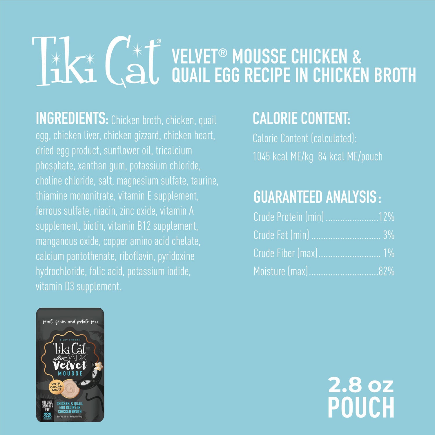 Tiki Cat After Dark Velvet Mousse Wet Cat Food, Chicken & Quail Egg, 2.8 Oz. Pouch