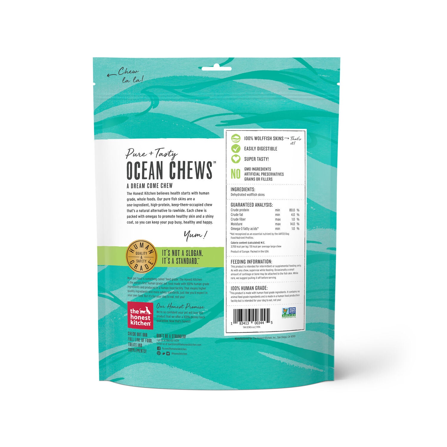 The Honest Kitchen Ocean Chews Hearty Wolffish Skins Rawhide Alternative Dog Treats, 6-Oz