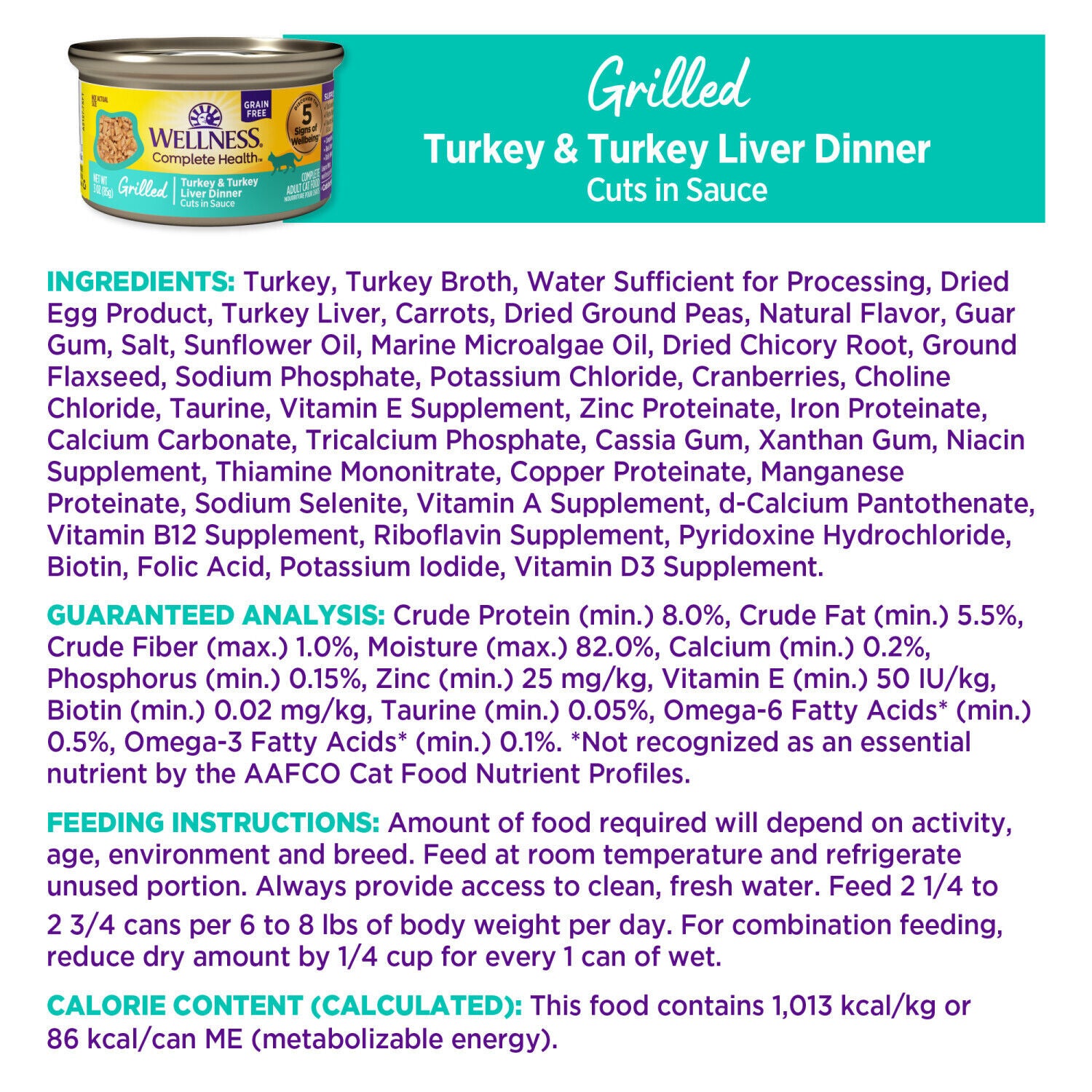 Wellness Complete Health Grilled, Adult Wet Cat Food, Natural, Protein-Rich, Grain-Free Turkey And Turkey Liver Dinner Recipe, 3 Ounce