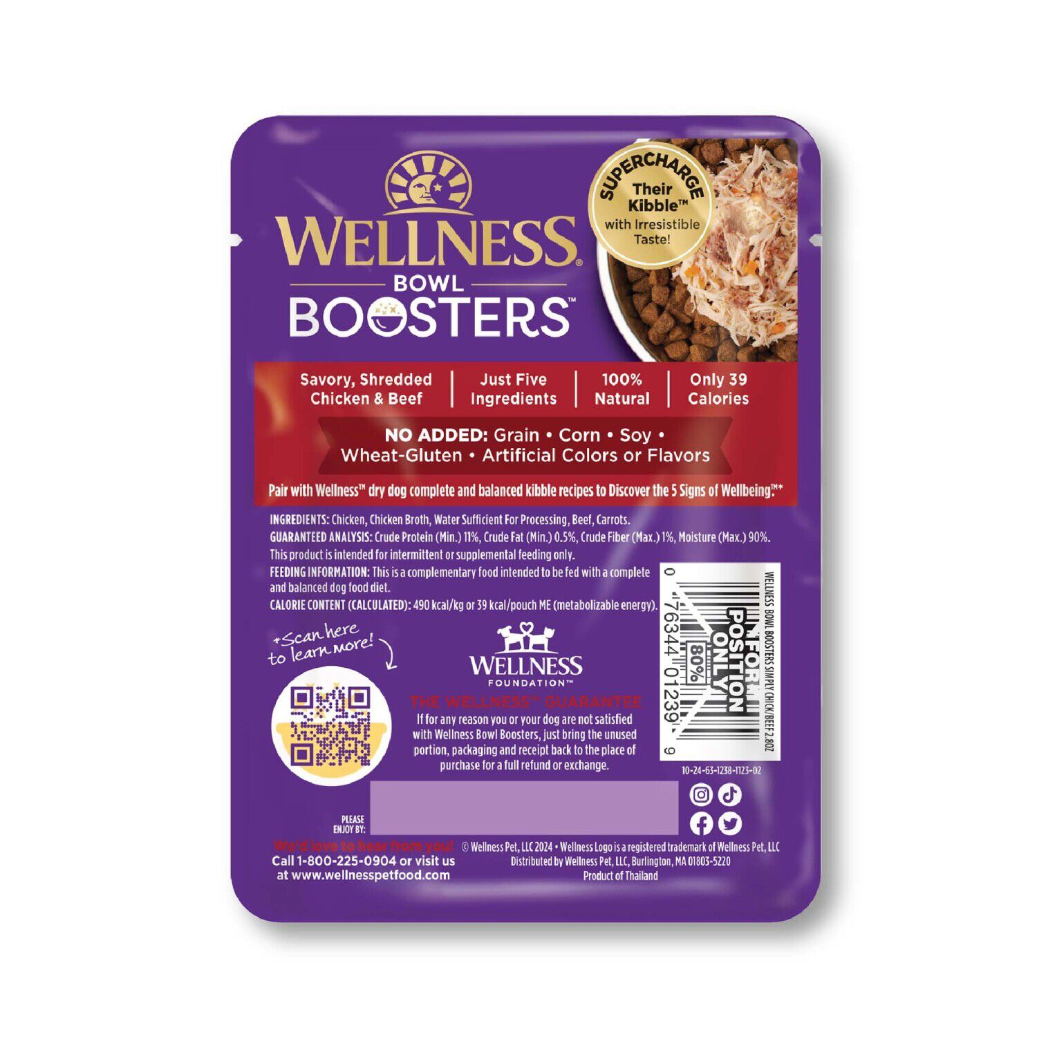Wellness Bowl Boosters Simply Shreds Grain-Free Wet Dog Food Topper, Chicken, Beef & Carrots Recipe, 2.8-Oz