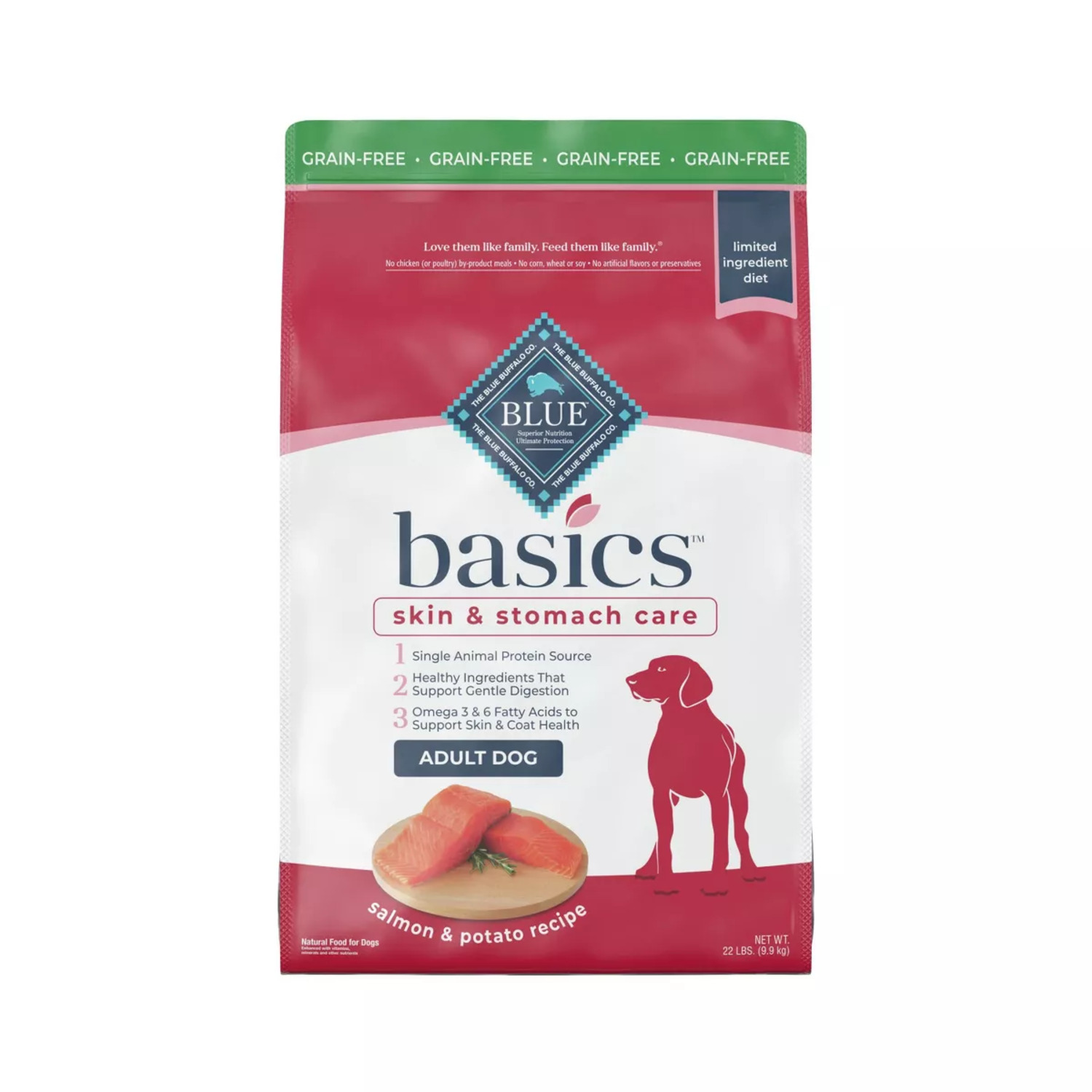 Blue Buffalo Basics Skin & Stomach Care, Grain Free Natural Adult Dry Dog Food, Salmon & Potato 22-Lb