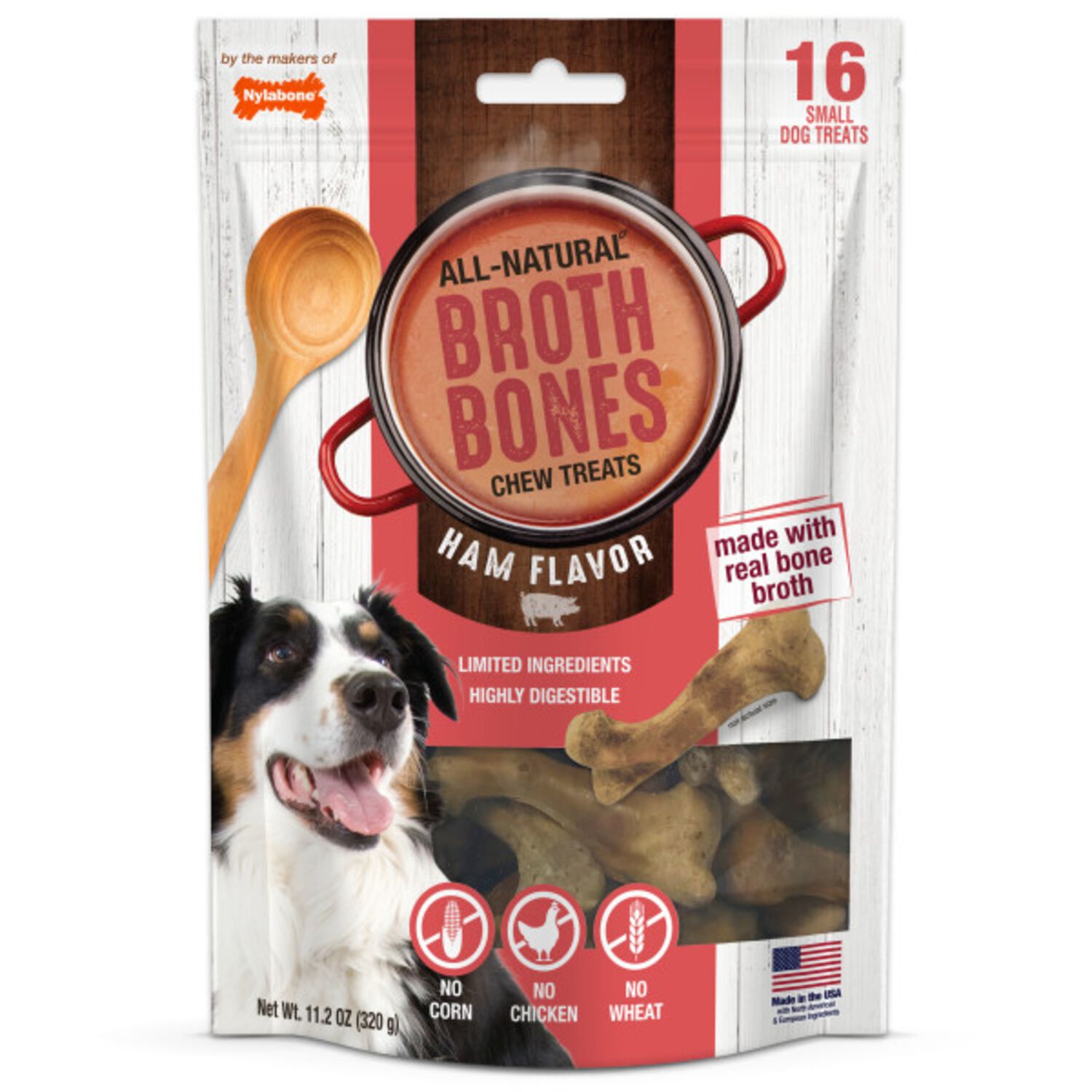 Nylabone Broth Bones Ham Flavored Chews Small Dog Treats, 16-Count Bag