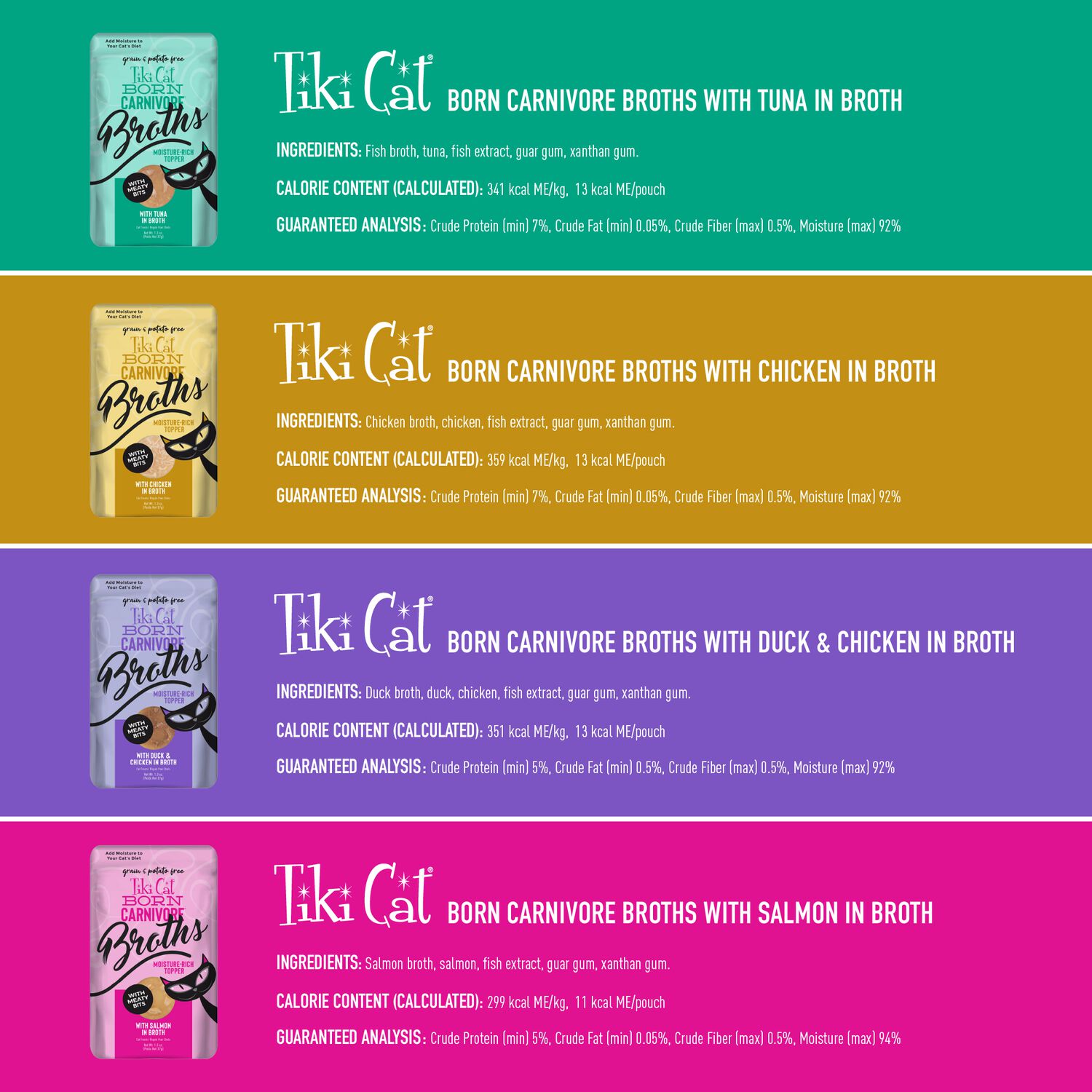 Tiki Cat Born Carnivore Broths Wet Cat Food Toppers, Variety Pack, 1.3-Oz Pouches 12-Count