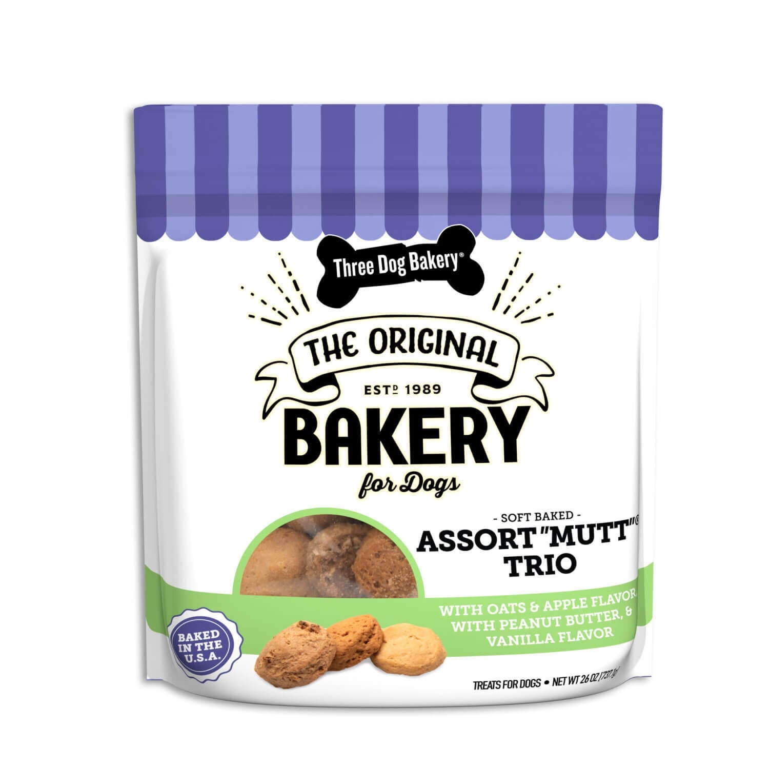 Three Dog Bakery Assort-"Mutt" Trio Soft Baked Dog Treats With Peanut Butter, Apple, And Vanilla Cookies, 26Oz