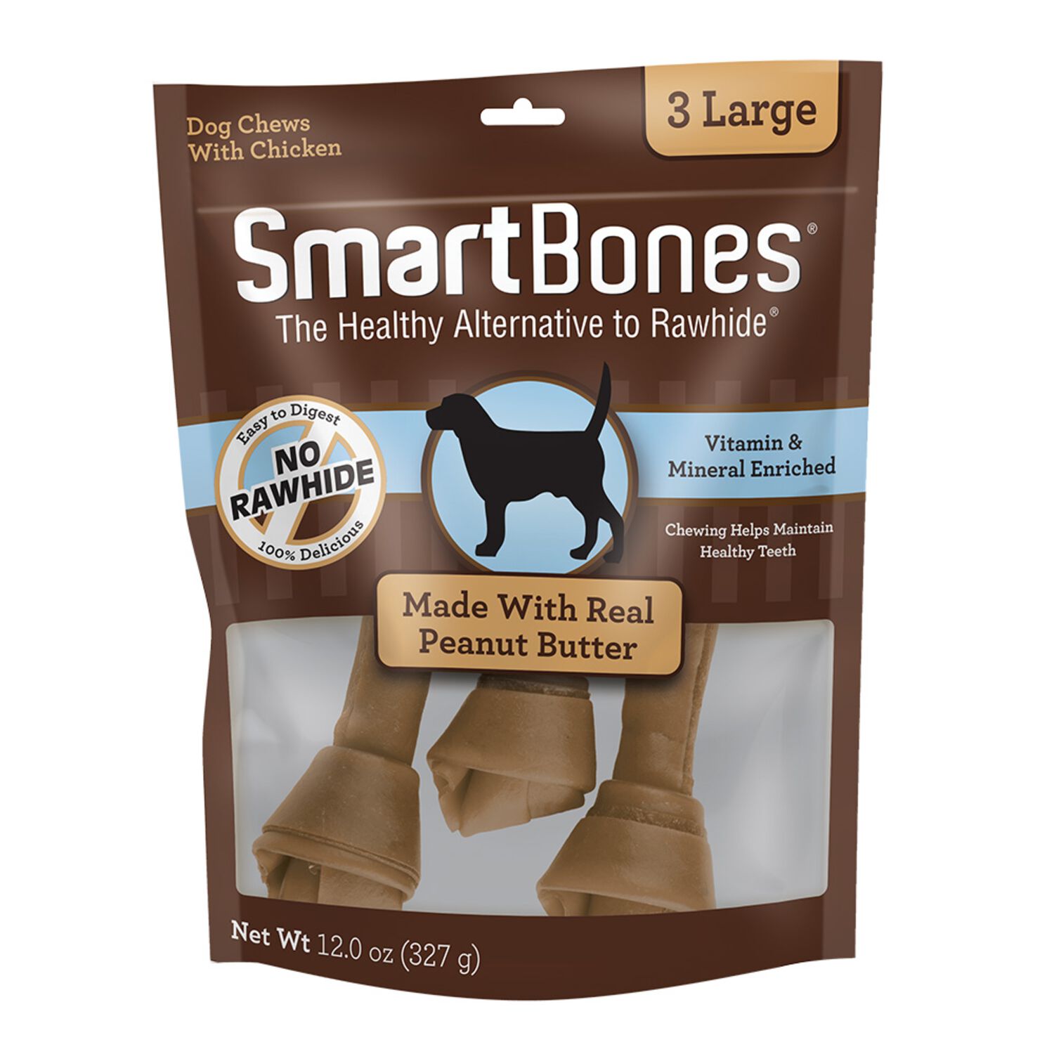 Smartbones Rawhide Alternative Bone Dog Treats, Peanut Butter, Large, 3 Pack