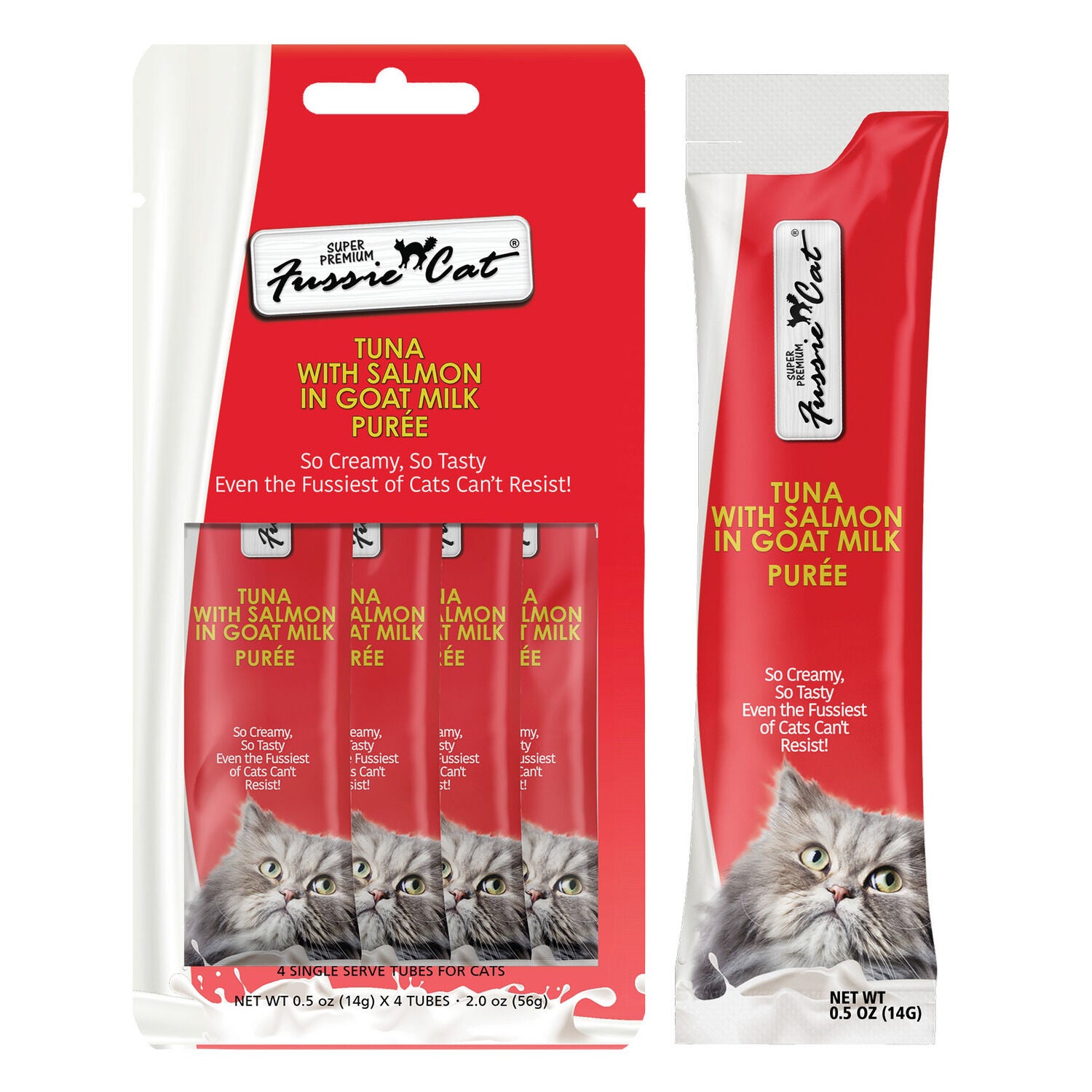 Fussie Cat Premium Tuna With Salmon In Goat Milk Puree Lickable Cat Treat, 4-2Oz Tubes