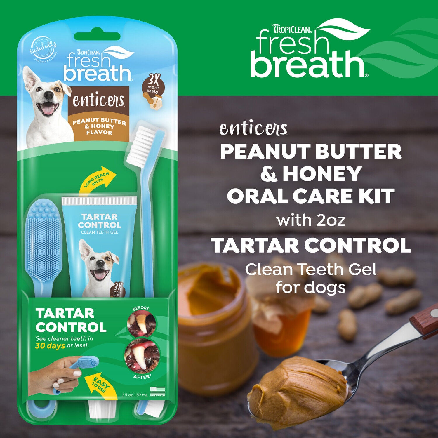 Tropiclean Fresh Breath Enticers Tarter Control Dog Dental Kit, Peanut Butter & Honey Flavor, 3-Piece Kit