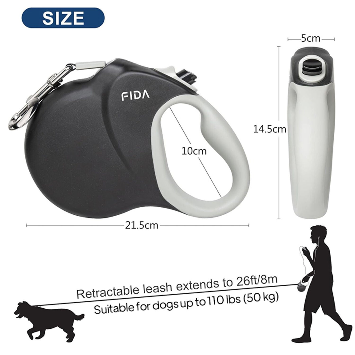 Fida Pet Retractable Dog Leash, Black, Giant - 26-Ft