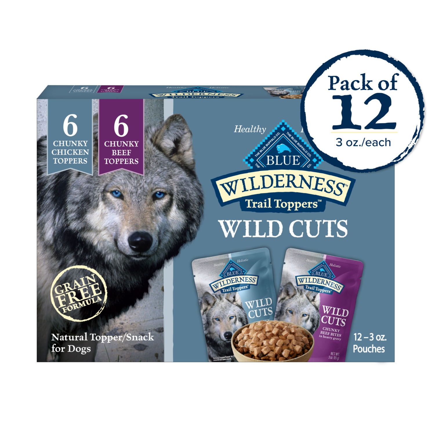 Blue Buffalo Wilderness Trail Toppers Wild Cuts Wet Dog Food, Chicken & Beef Flavors Variety Pack, 3-Oz, Case Of 12