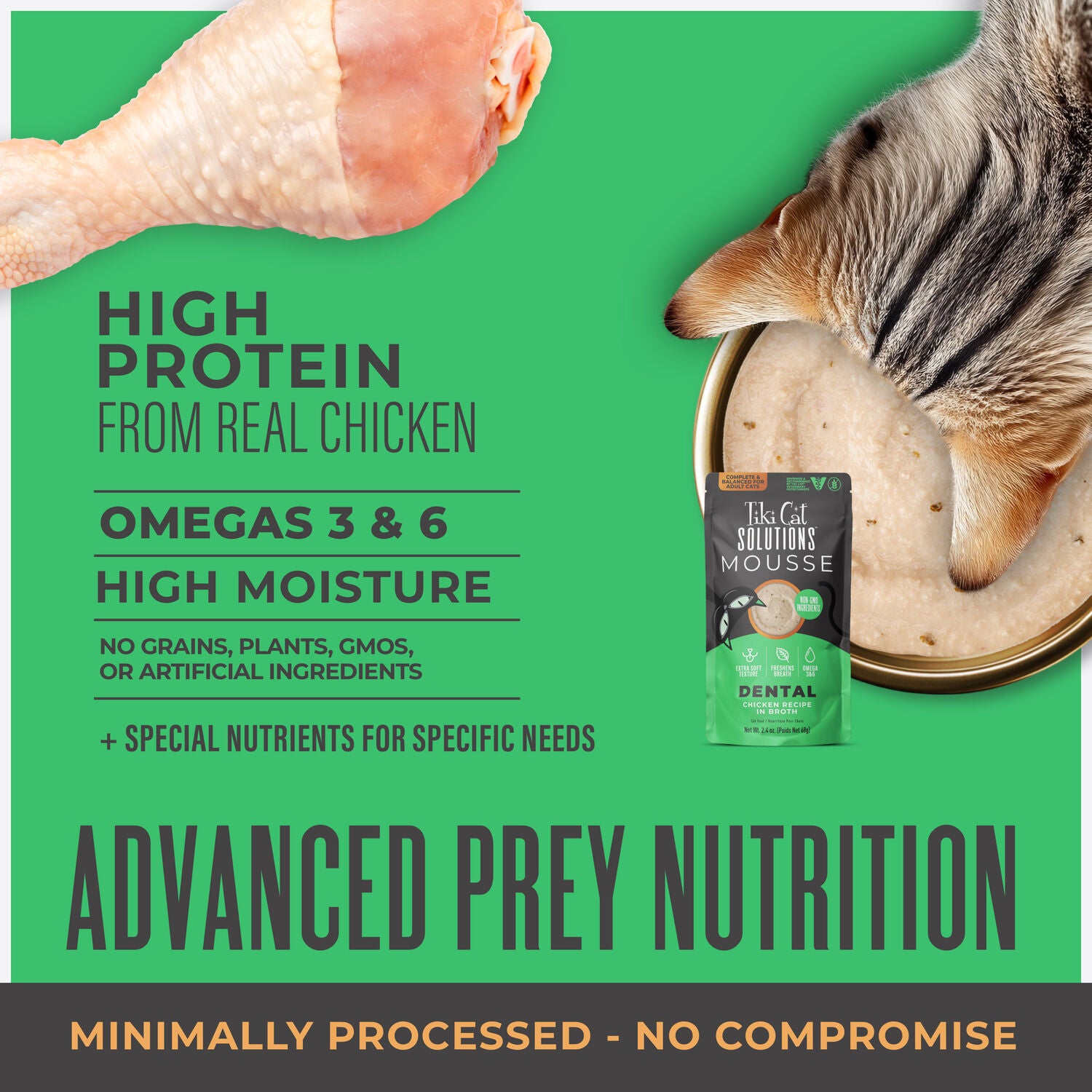 Tiki Cat Solutions Mousse Wet Cat Food Topper, Dental, Chicken Recipe In Broth, 2.4-Oz Pouch Pack Of 12