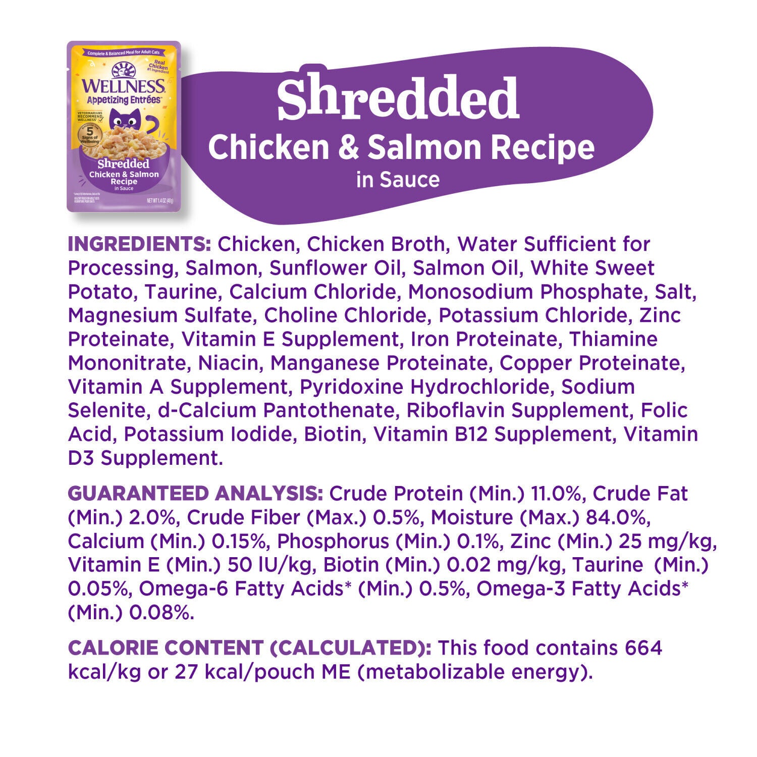 Wellness Appetizing Entrees Shredded Adult Wet Cat Food, Natural, Protein-Rich, Grain-Free Chicken & Salmon Recipe, 1.4 Ounce Pouch 8-Pack