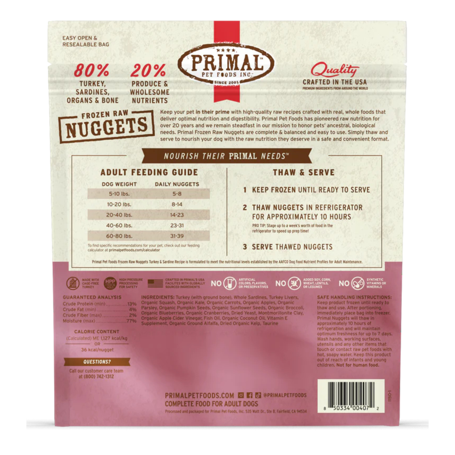 Primal Raw Nuggets Frozen Dog Food, Turkey & Sardine Recipe