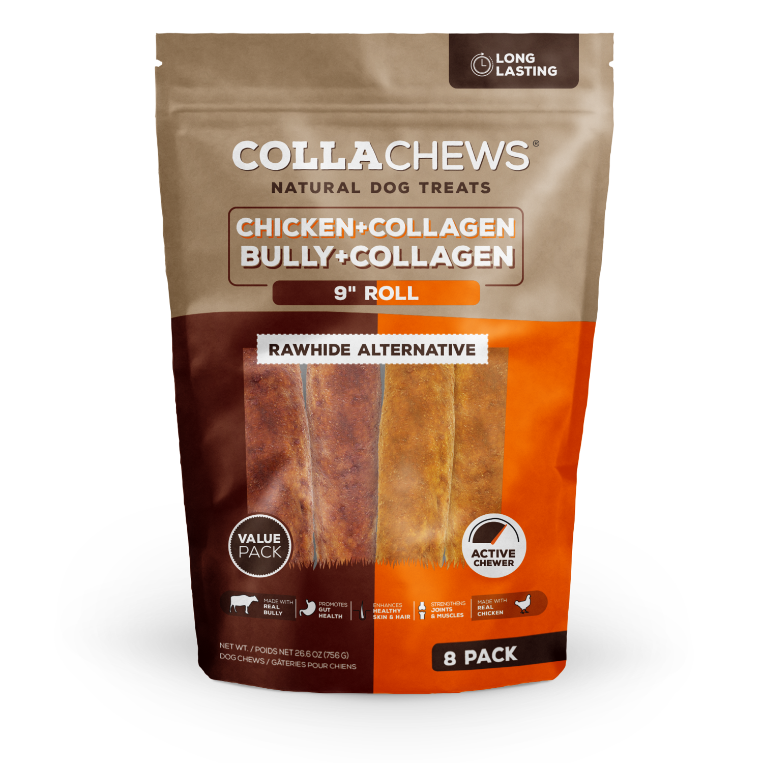 Collachews Collagen Rolls Rawhide Alternative Dog Treats, 9", Chicken & Bully Flavor Variety Pack, 8 Piece