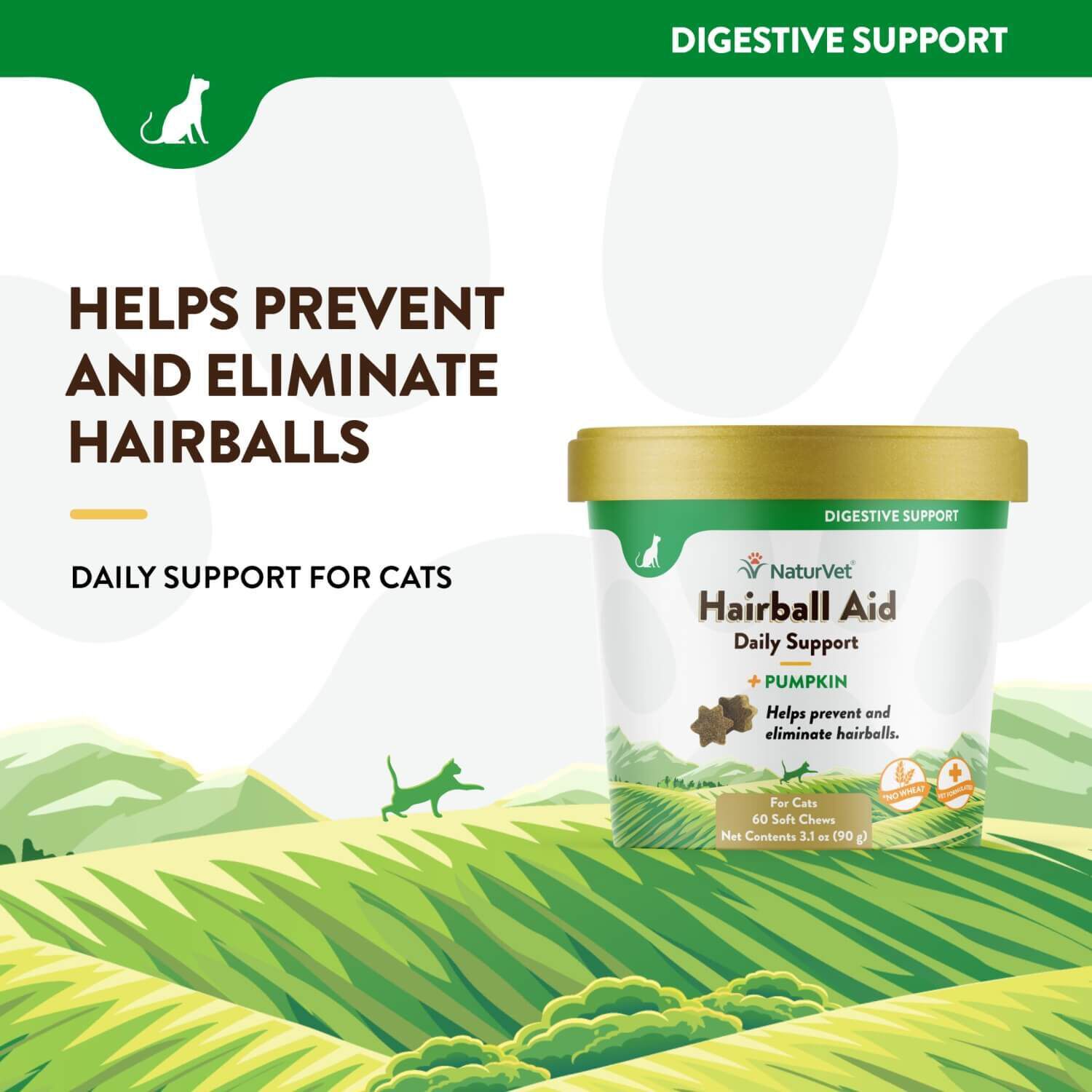 Naturvet Hairball Aid Daily Support + Pumpkin Soft Chew Supplement For Cats, 60Ct