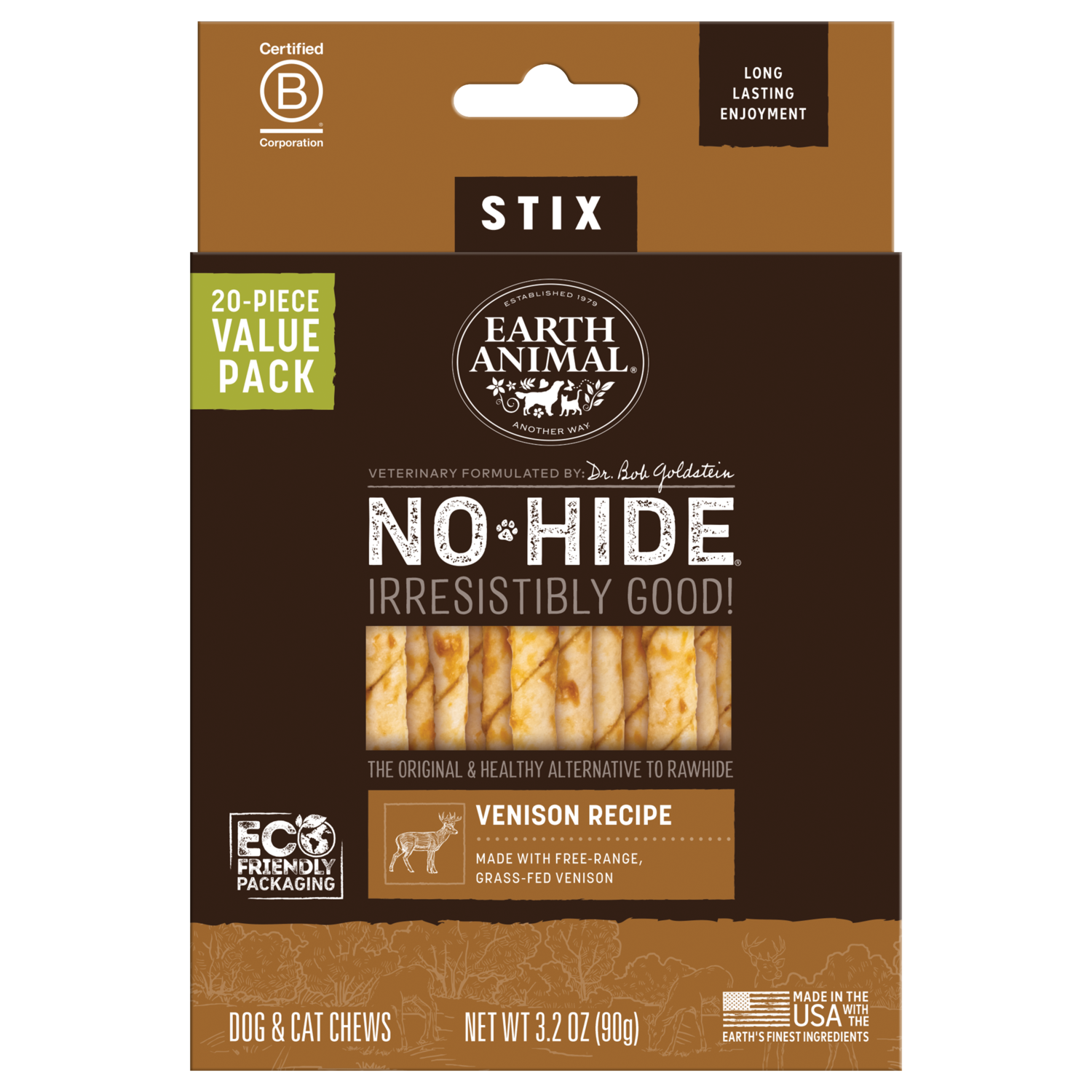 Earth Animal No-Hide Rawhide Alternative Dog & Cat Treat Stix, Venison