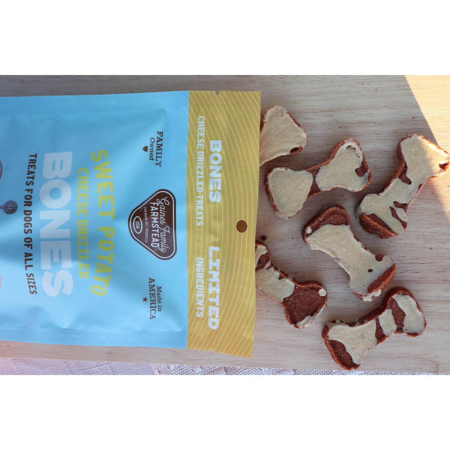 Gaines Family Farmstead Cheese Drizzled Sweet Potato Bones Dog Treats, 8-Oz Bag