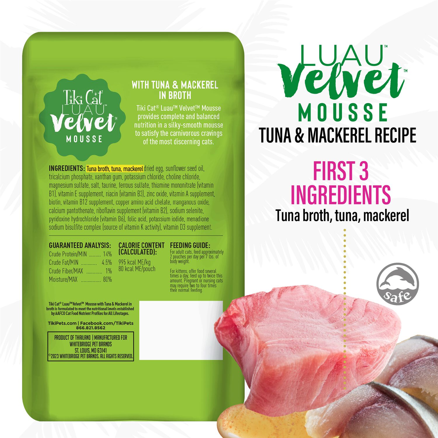 Tiki Cat Luau Velvet Mousse Wet Cat Food, Tuna & Mackerel, 2.8-Oz Pouch