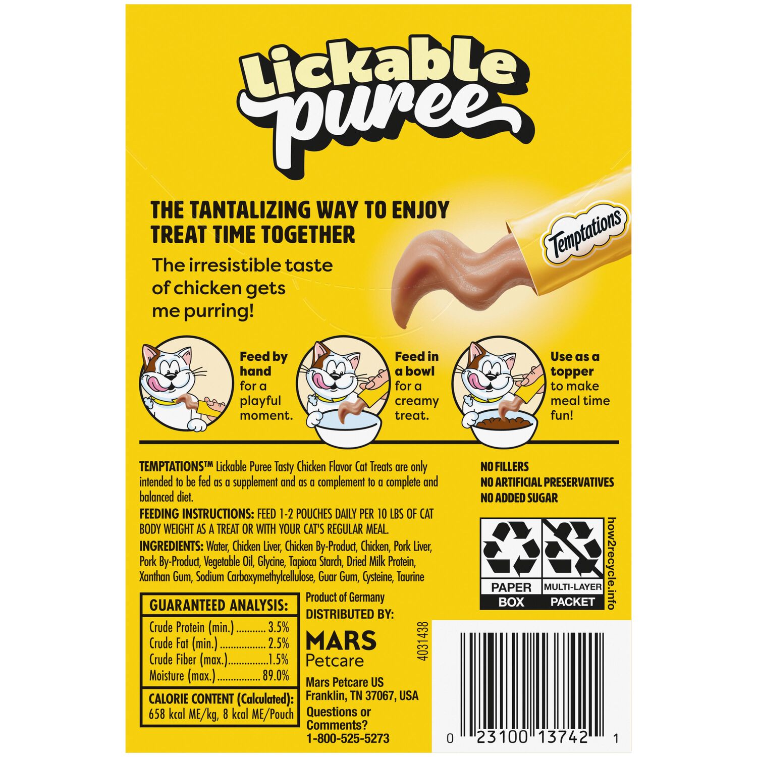 Temptations Creamy Puree With Chicken Lickable, Squeezable Cat Treats, 4-Pack Of 0.4-Oz Pouches