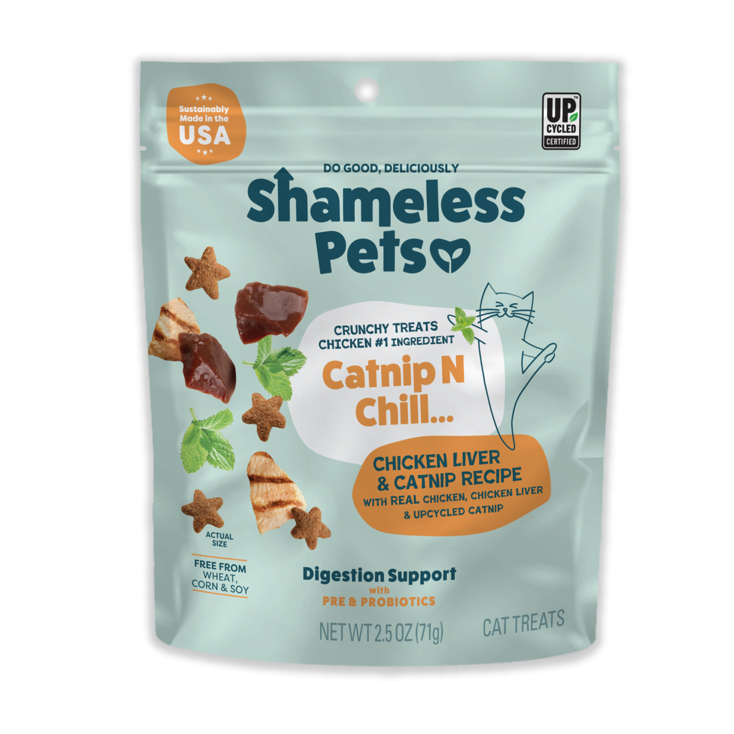 Shameless Pets Catnip N Chill Digestive Support Crunchy Cat Treats, Chicken Liver & Catnip Recipe, 2.5-Oz