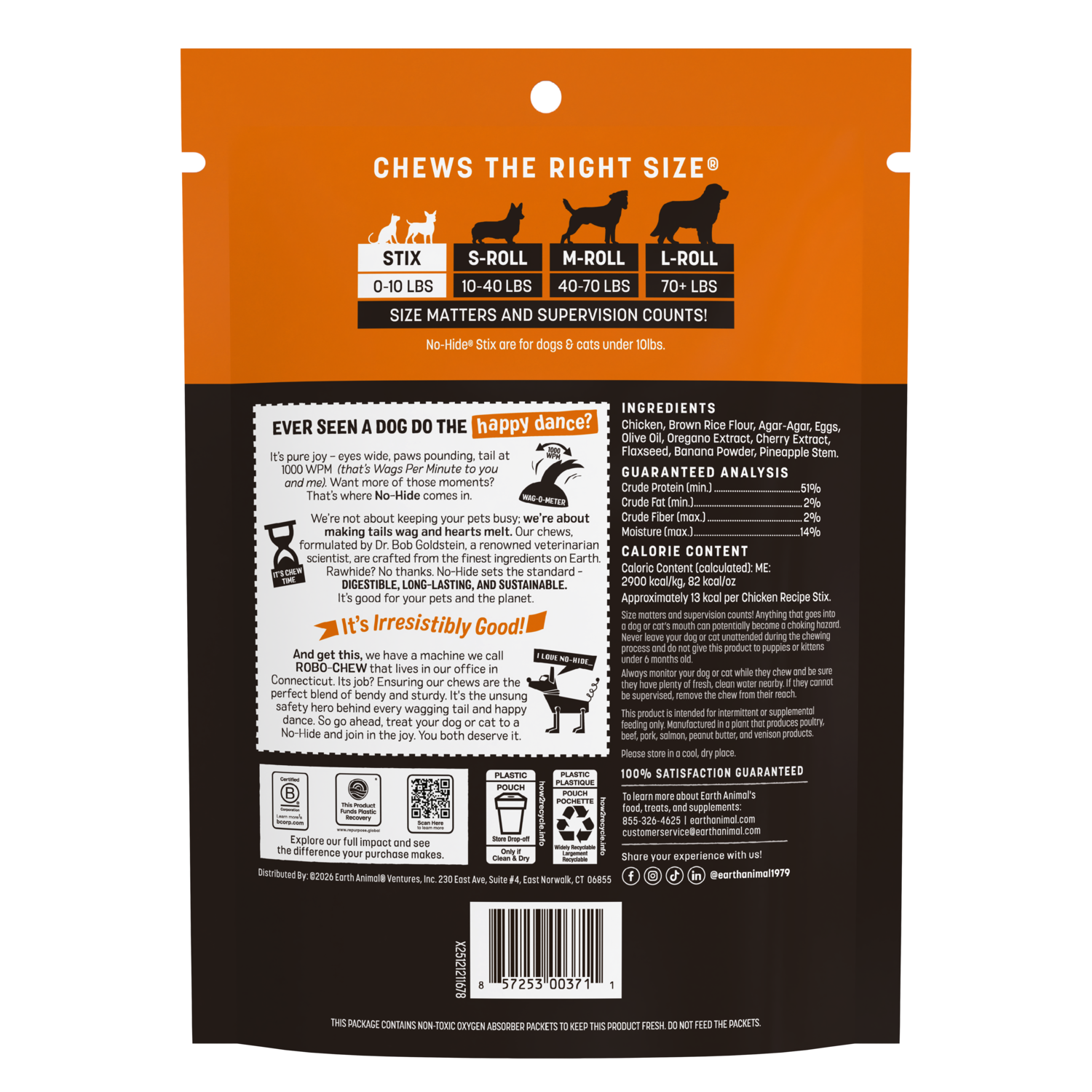 Earth Animal No-Hide Rawhide Alternative Dog & Cat Treat Stix, Cage-Free Chicken, 10-Pack