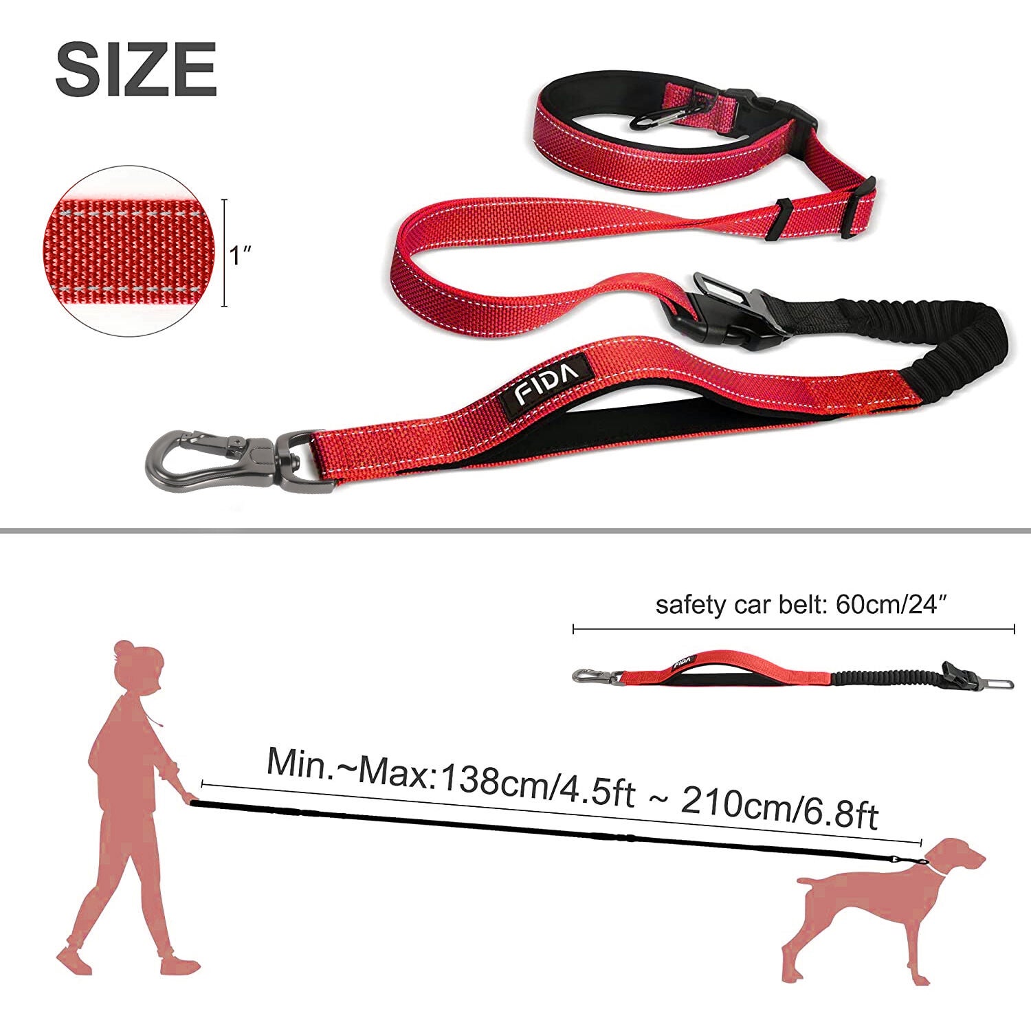 Fida Pet 6 In 1 Multi-Functional Dog Leash, Red