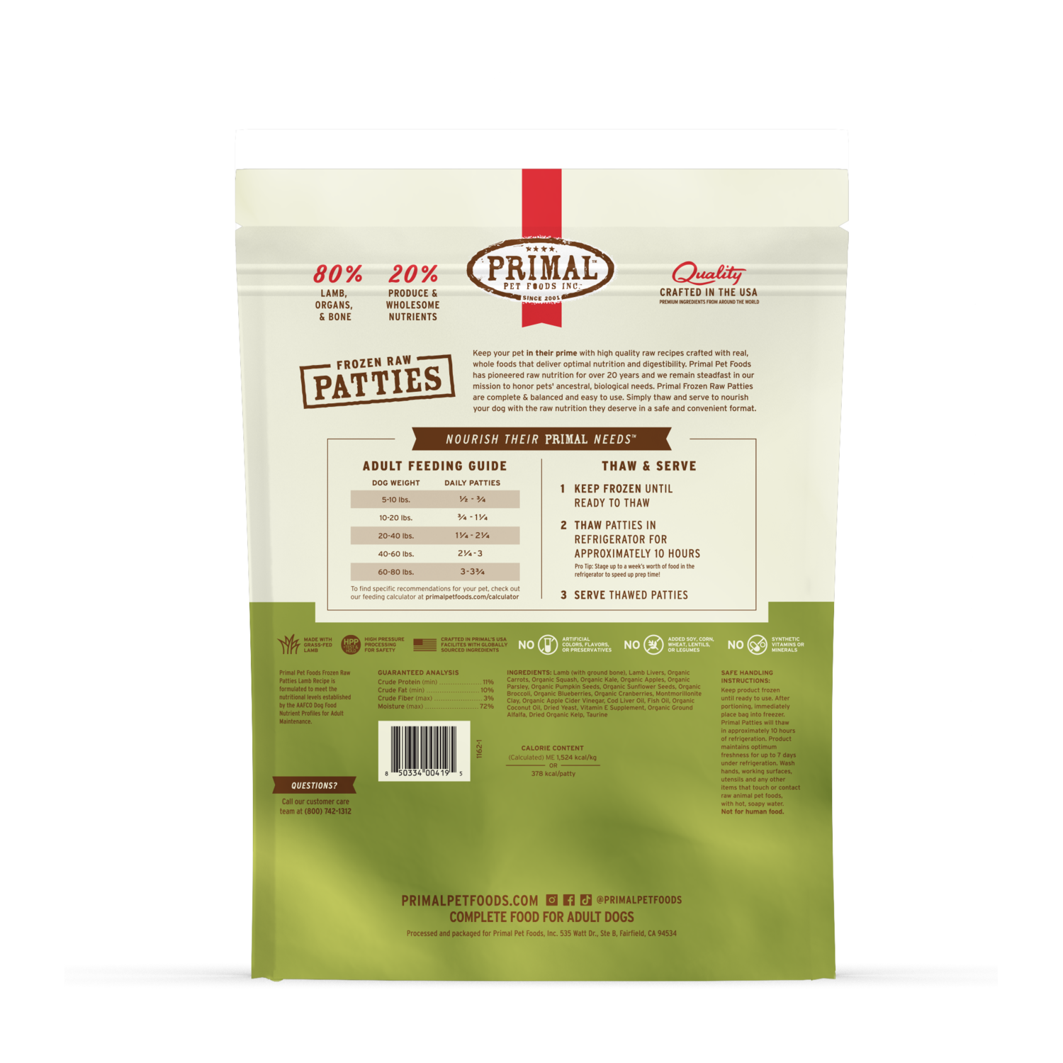 Primal Frozen Raw Lamb Formula Dog Food Patties, 6-Lb Bag