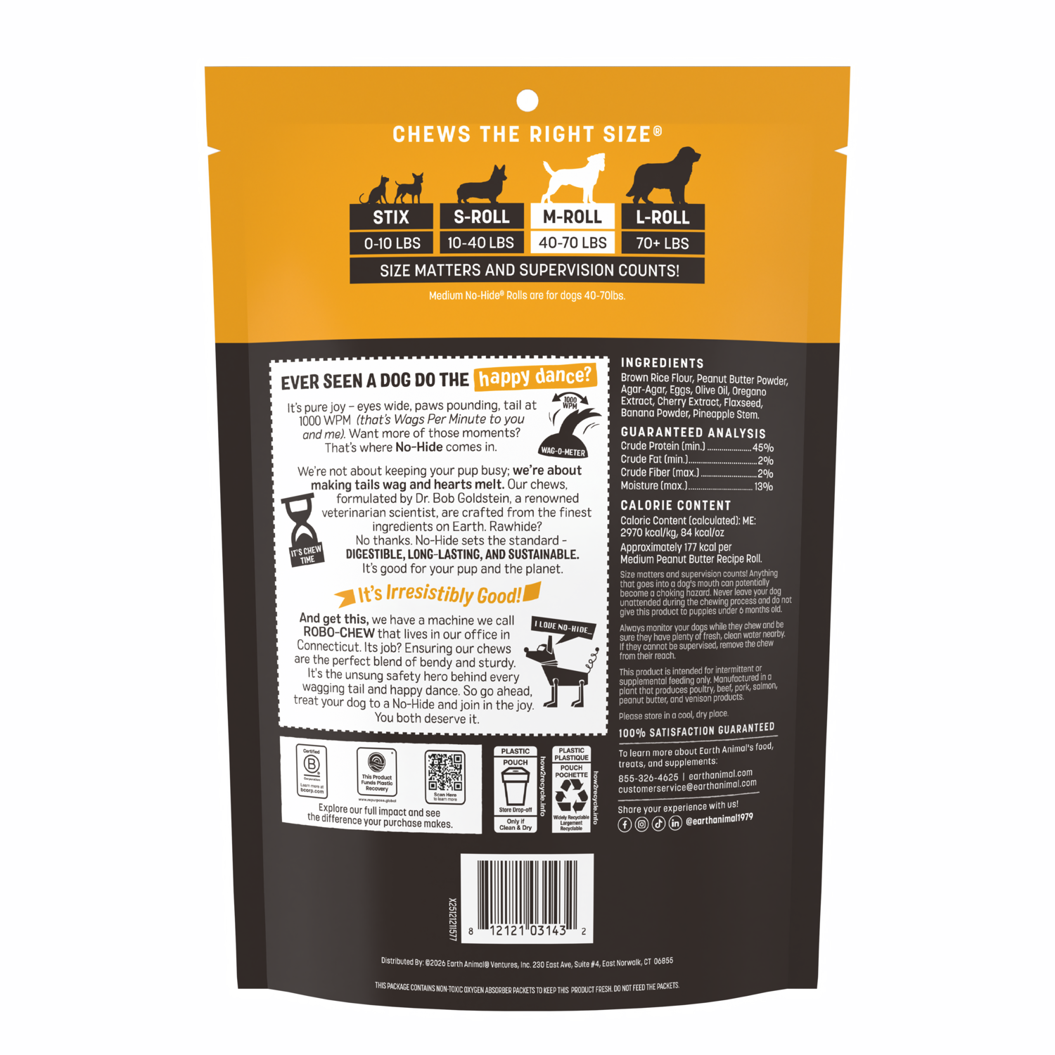 Earth Animal No-Hide Rawhide Alternative Dog Treat Chew, Peanut Butter, 2 Pack, 7"