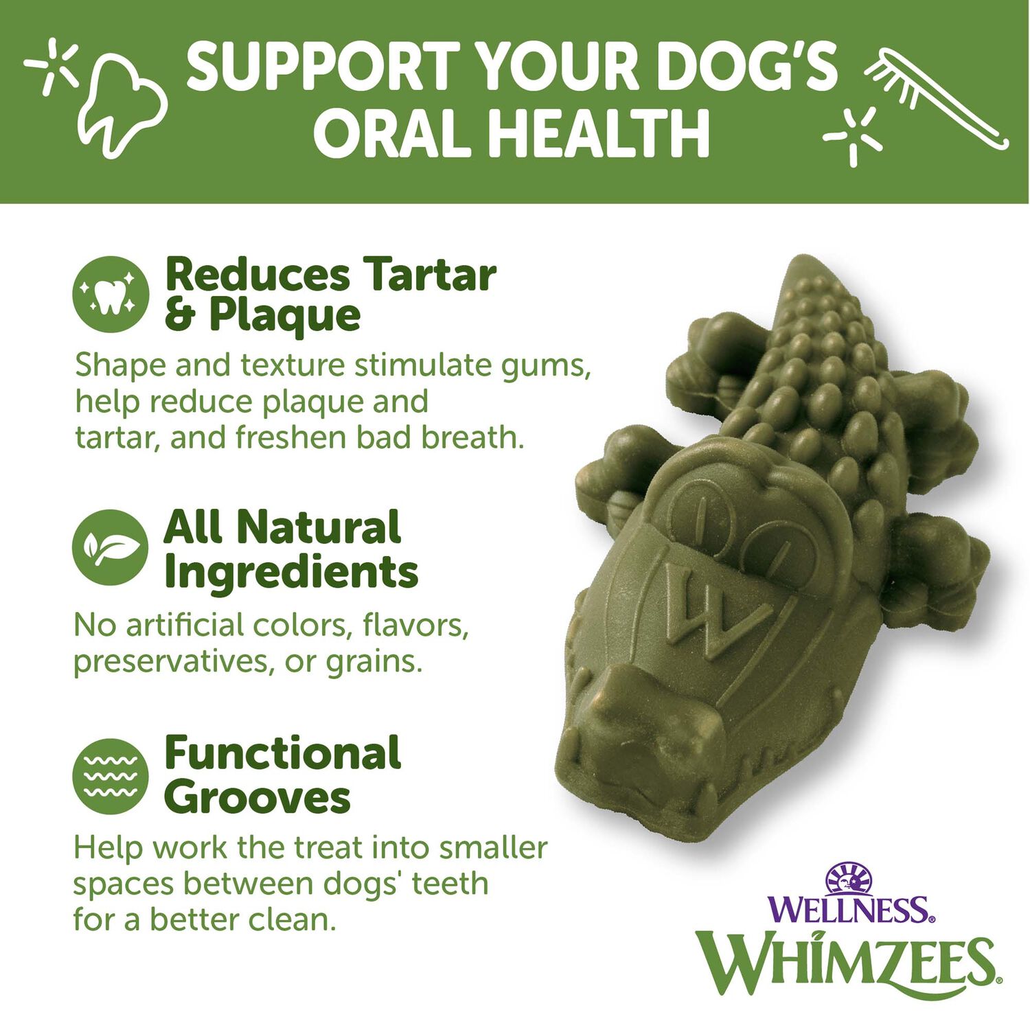 Whimzees Alligator Natural Grain-Free Dental Dog Treats, Large, 1 Count