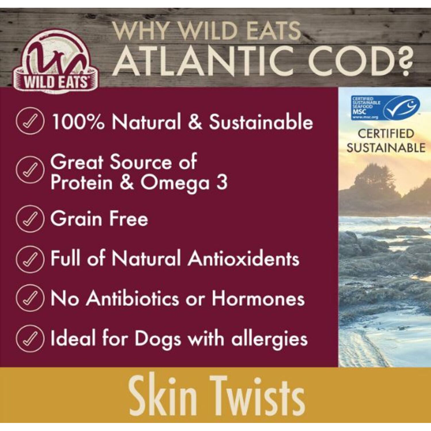Wild Eats Cod Skin Twists Natural Dog Treats, 12 Pack