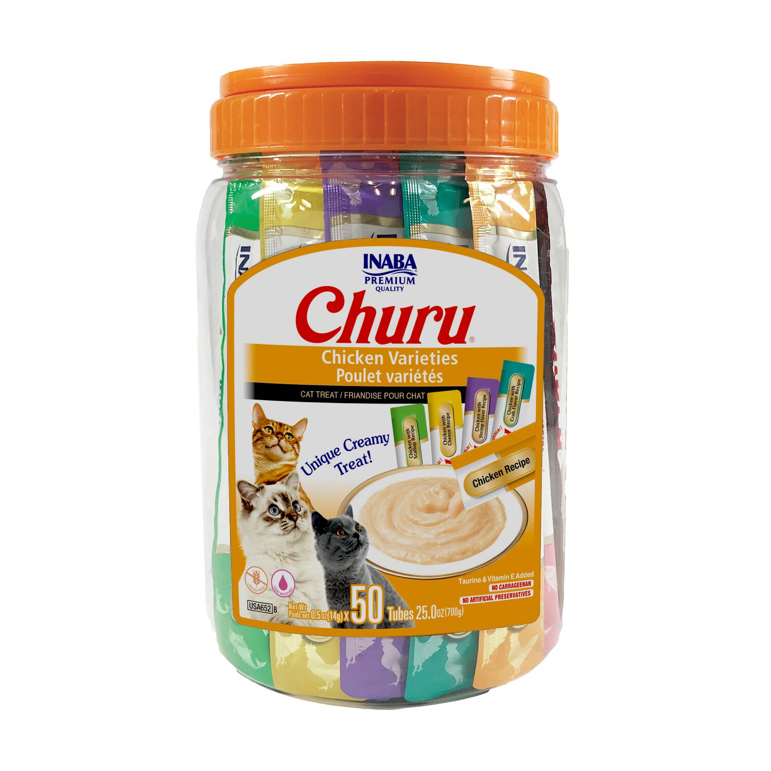 Inaba Churu Grain-Free Lickable Puree Cat Treats, Chicken Variety Pack, 0.5-Oz Tube, 50 Tubes