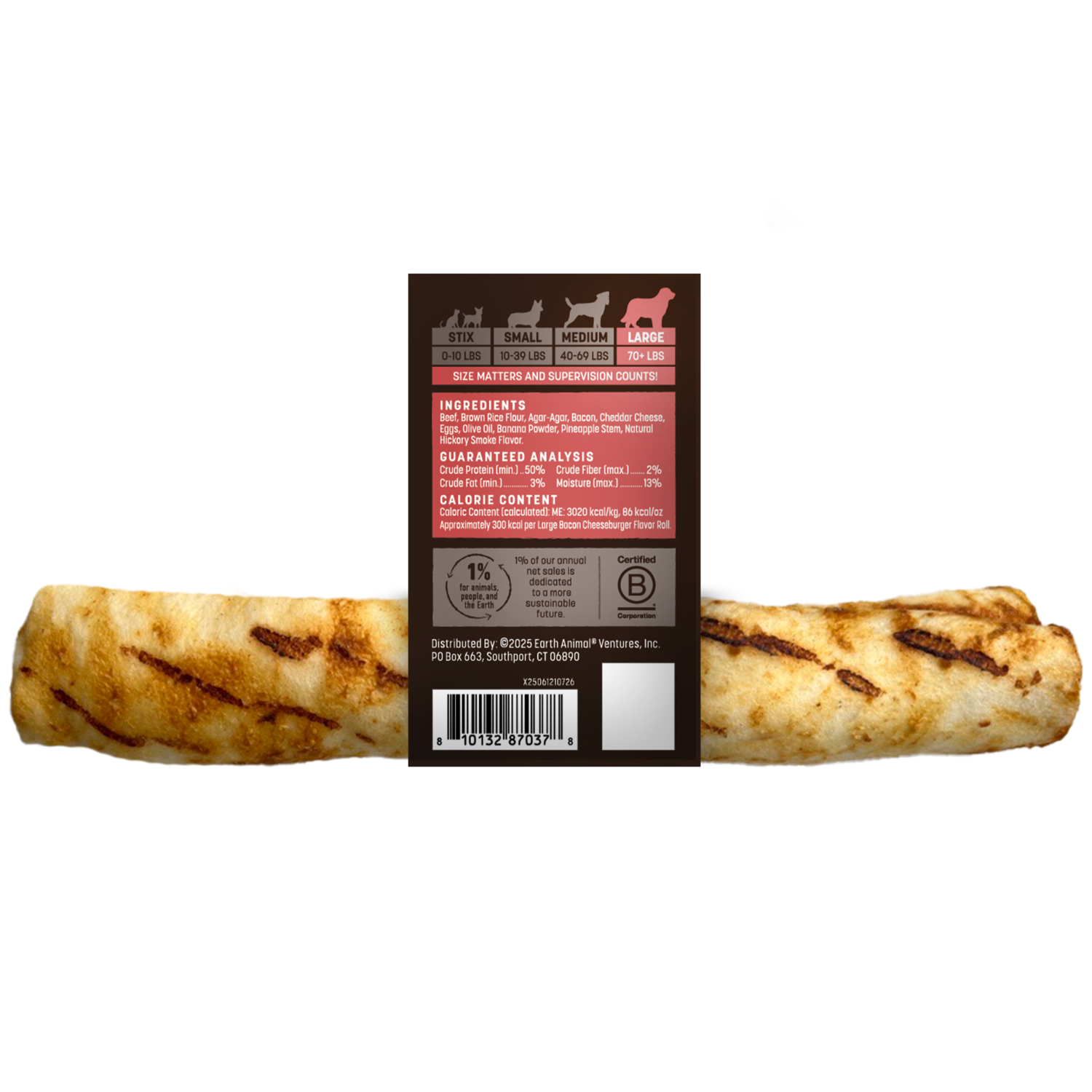 Earth Animal No-Hide Rawhide Alternative Dog Treats, From The Grill Bacon Cheeseburger Flavor Roll, Medium