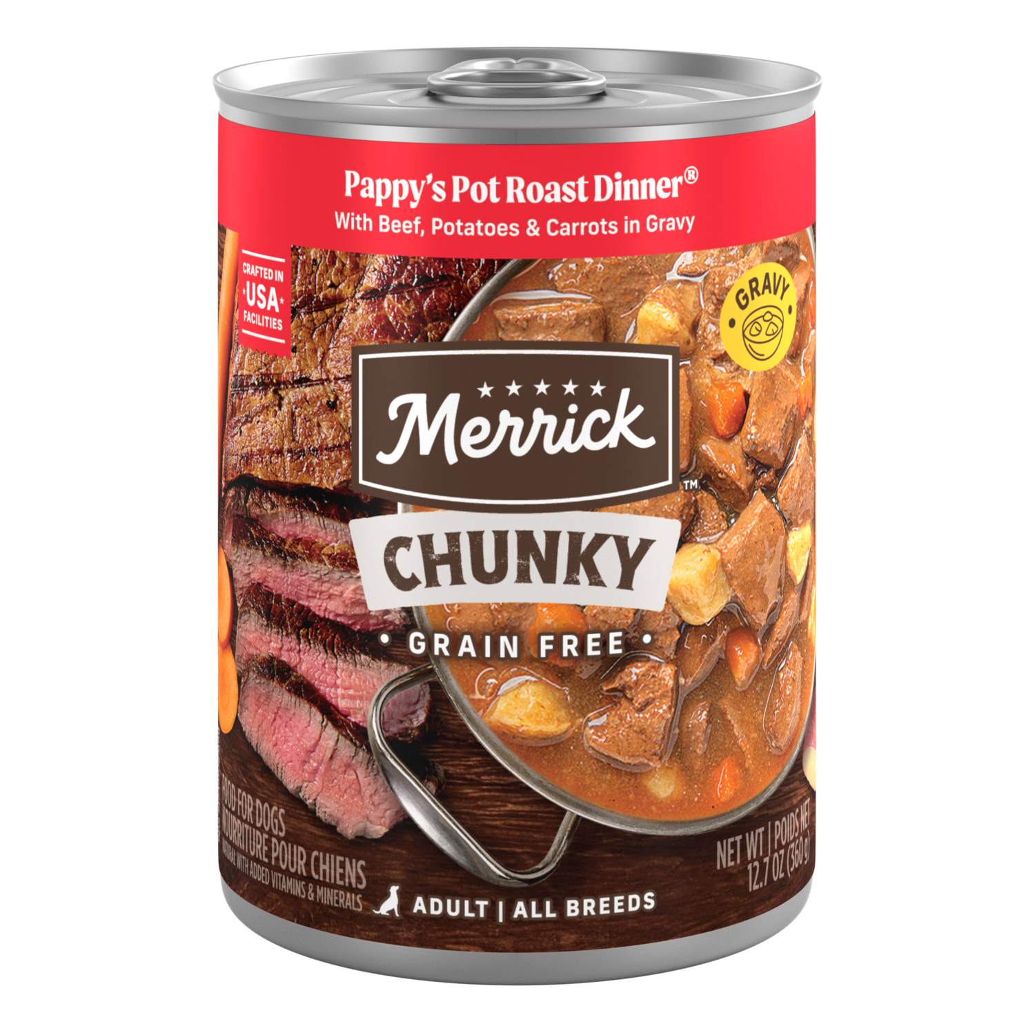 Merrick Chunky Grain-Free Premium And Wholesome Canned Dog Food, Real Meat Pappy&rsquo;S Pot Roast Dinner In Gravy  Recipe, 12.7-Oz Can Pack Of 12
