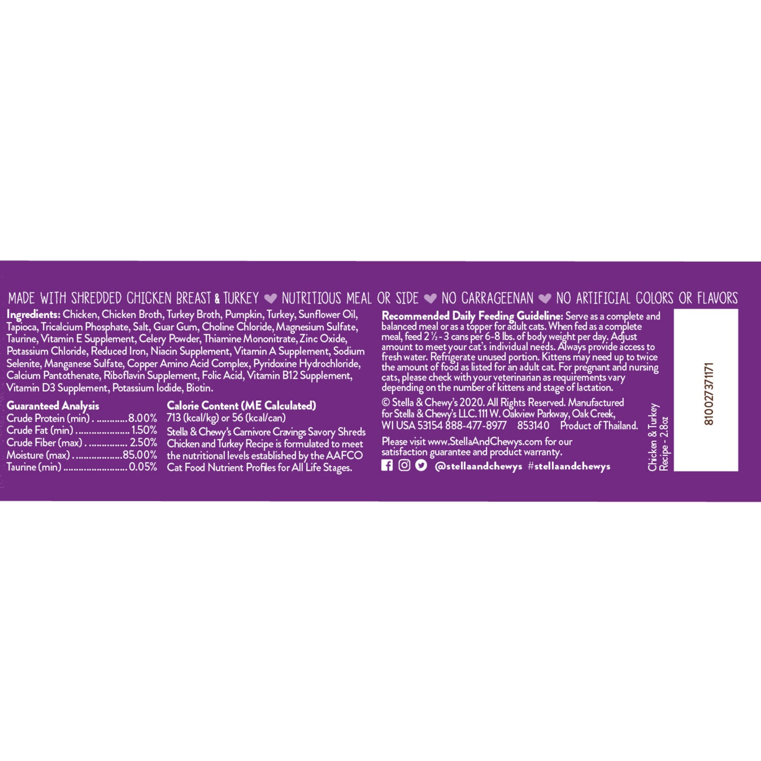 Stella & Chewy's Carnivore Cravings Savory Shreds Wet Cat Food, Chicken & Turkey Dinner In Broth, 2.8-Oz Can